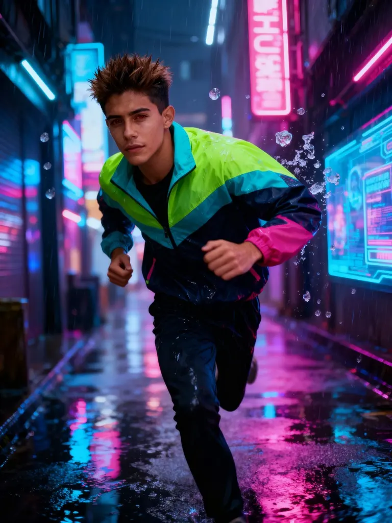 veo 3.1 cyberpunk man running through neon-lit city street.