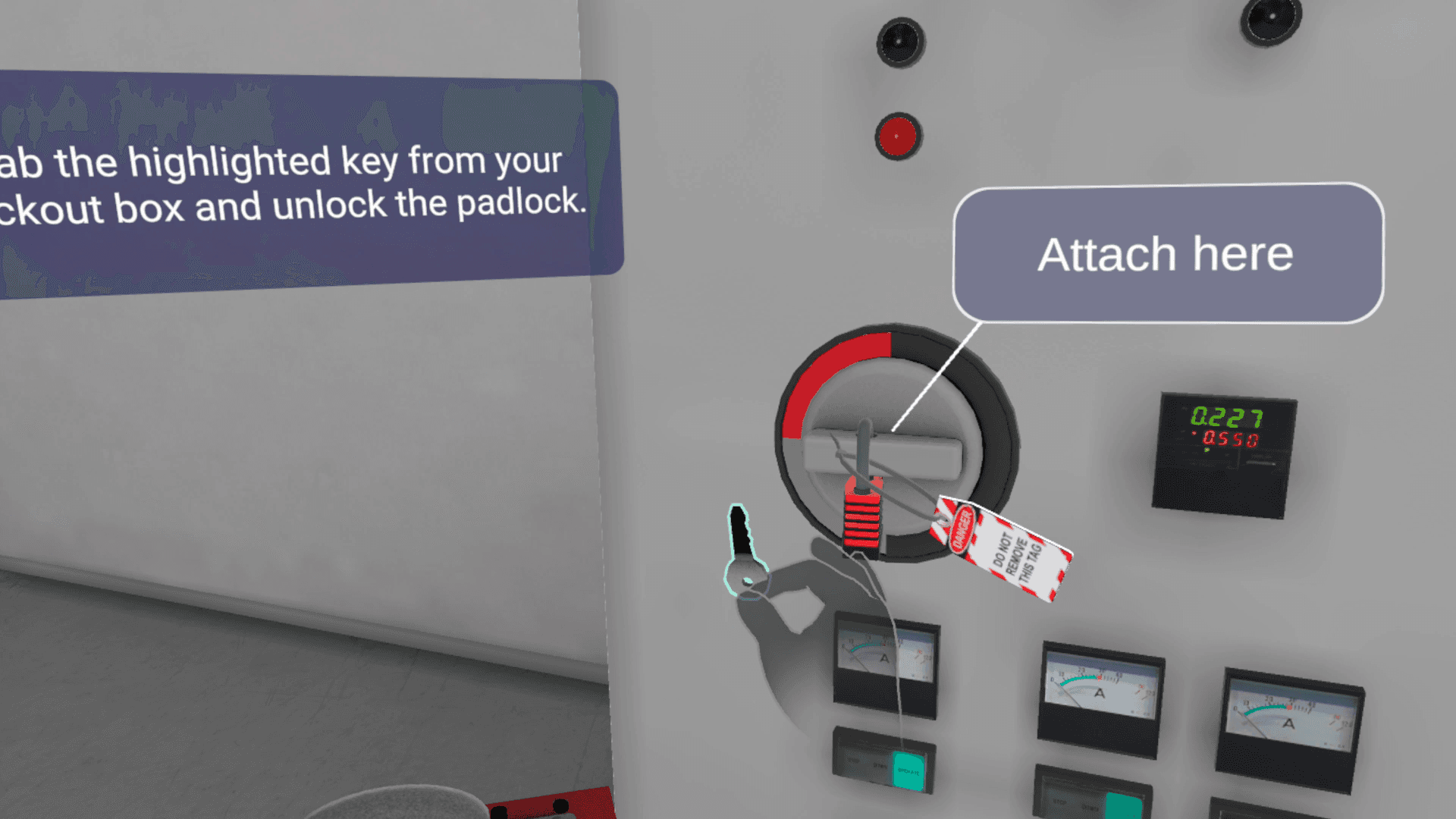 user grabbing key in 3d simulation of loto training in vr