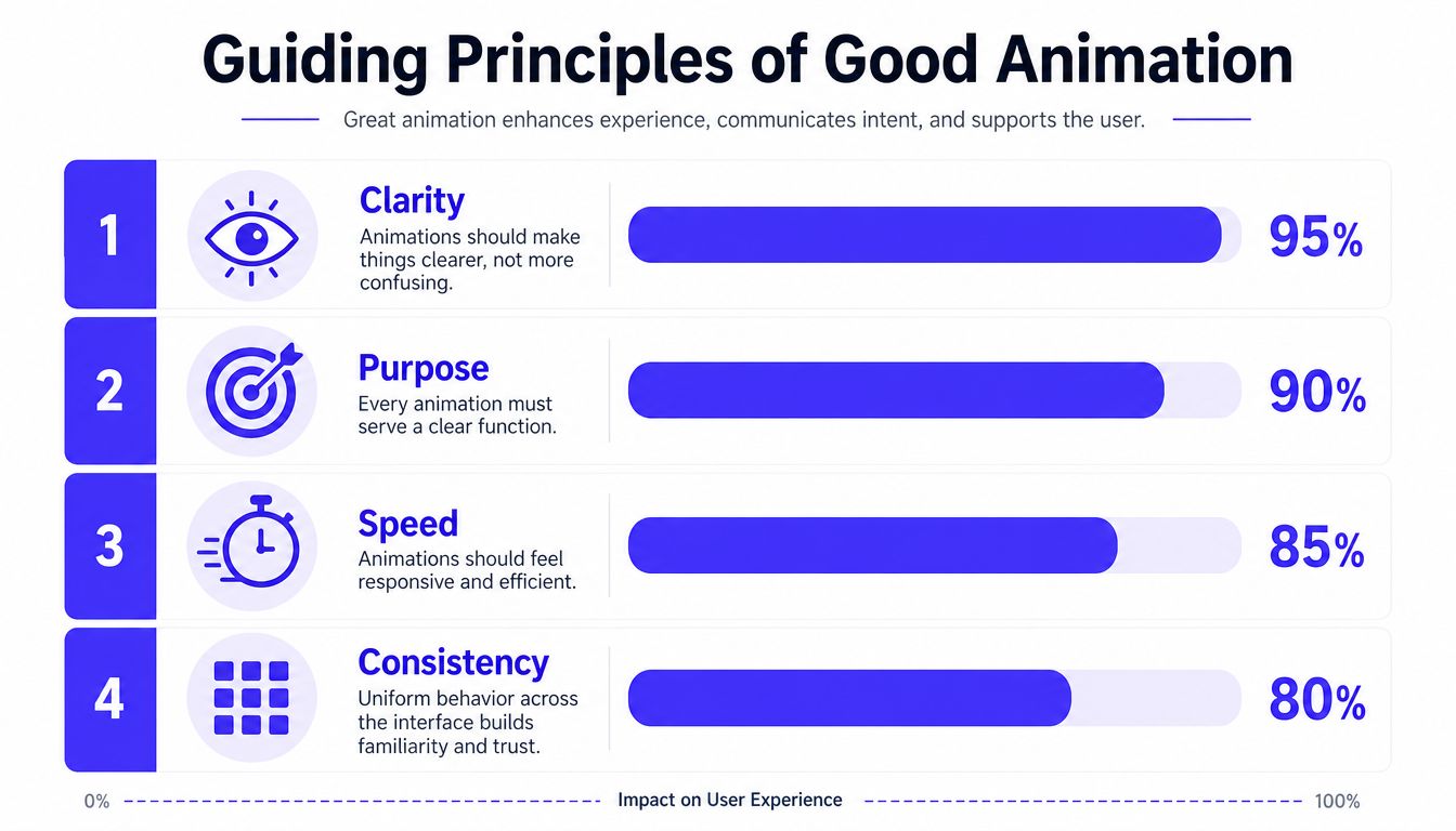 An infographic titled Guiding Principles of Good Animation listing clarity, purpose, speed, and consistency with impact percentages.
