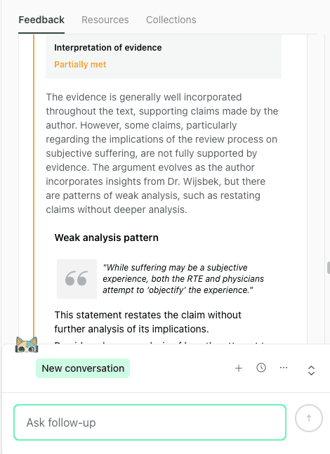 thesify feedback highlighting weak analysis in an academic draft where a sentence restates a claim instead of analyzing it