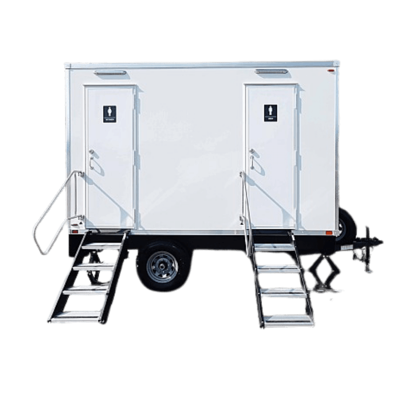 Estate Suite four-door restroom trailer with fold-out steps, exterior view