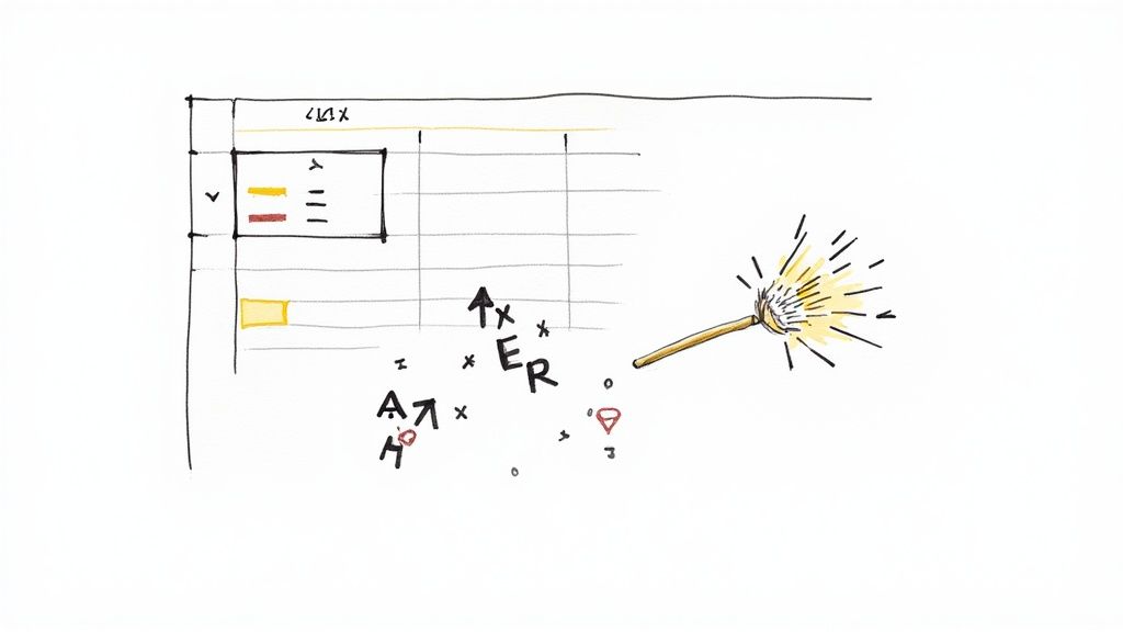 A hand-drawn illustration depicting a spreadsheet grid, a chart, symbols, and a burning matchstick.