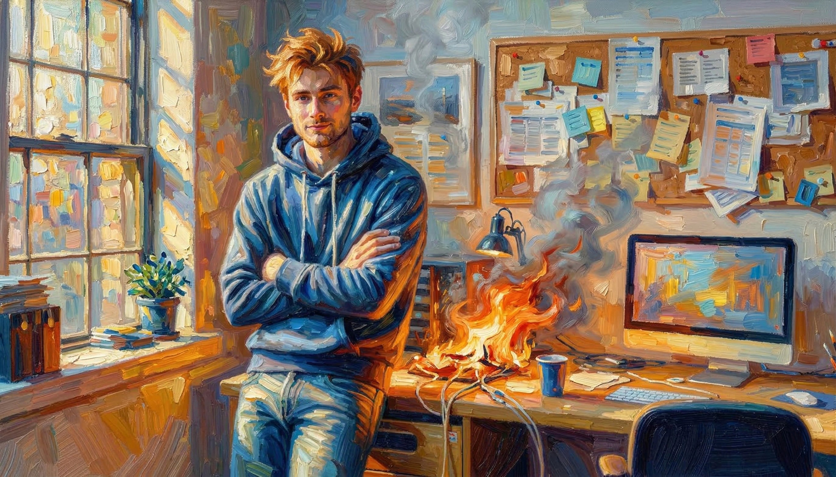 Oil painting of a man in a hoodie standing proudly in a startup office while a small fire burns behind him unnoticed