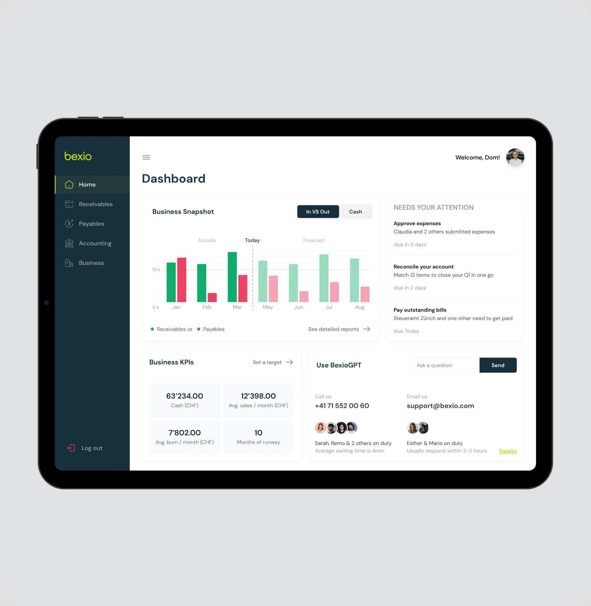 Bexio financial dashboard on tablet showing business performance metrics, cash flow charts, and pending tasks for streamlined business management.