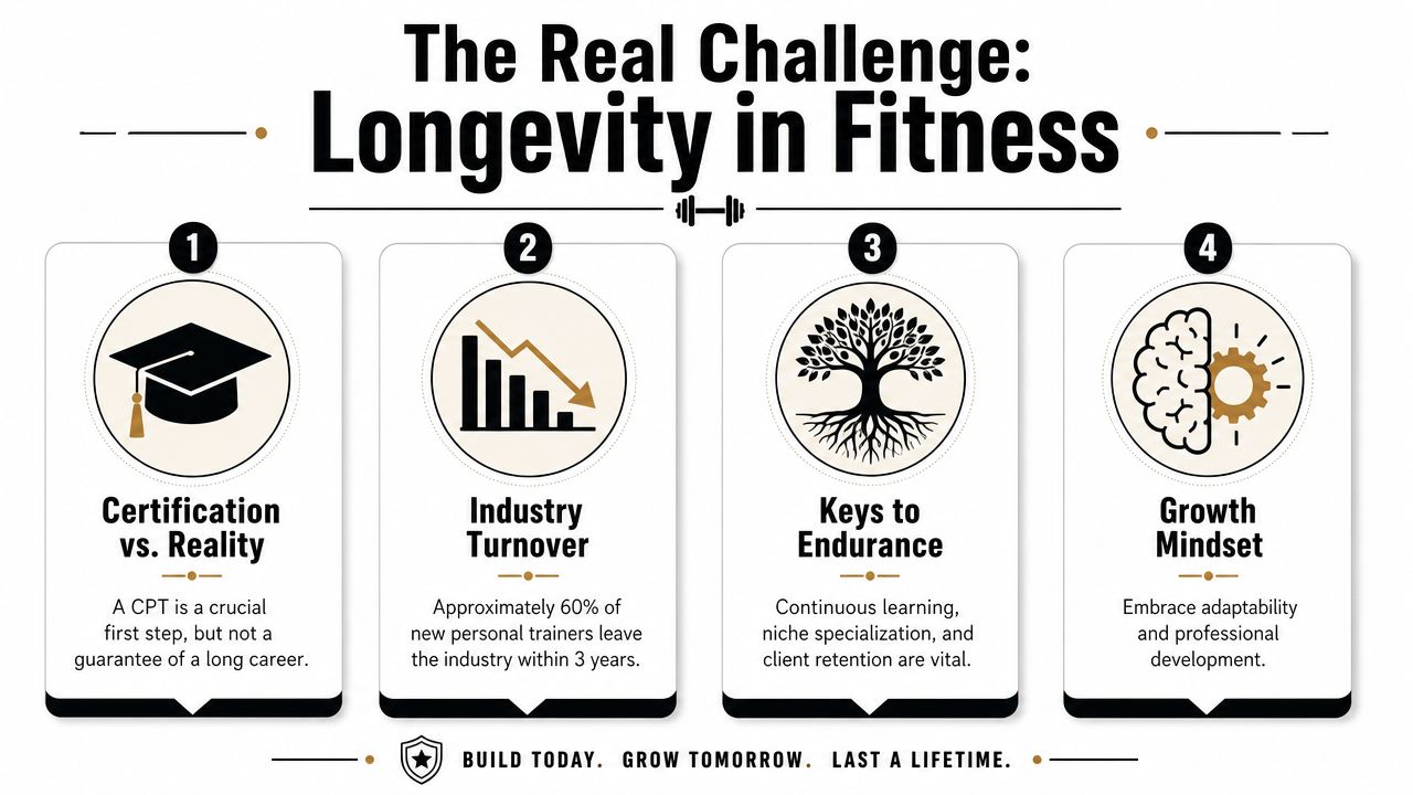 An infographic titled The Real Challenge Longevity in Fitness highlighting the importance of career endurance for personal trainers.