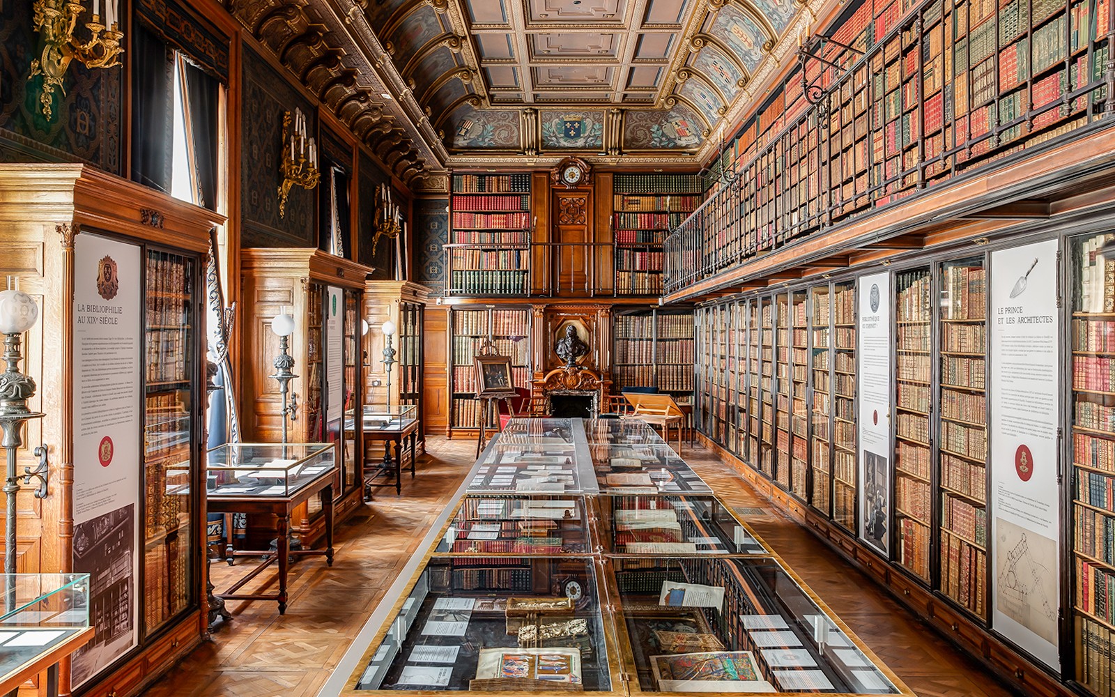 尚蒂伊城堡图书馆内部,装饰华美的天花板和书籍陈列。