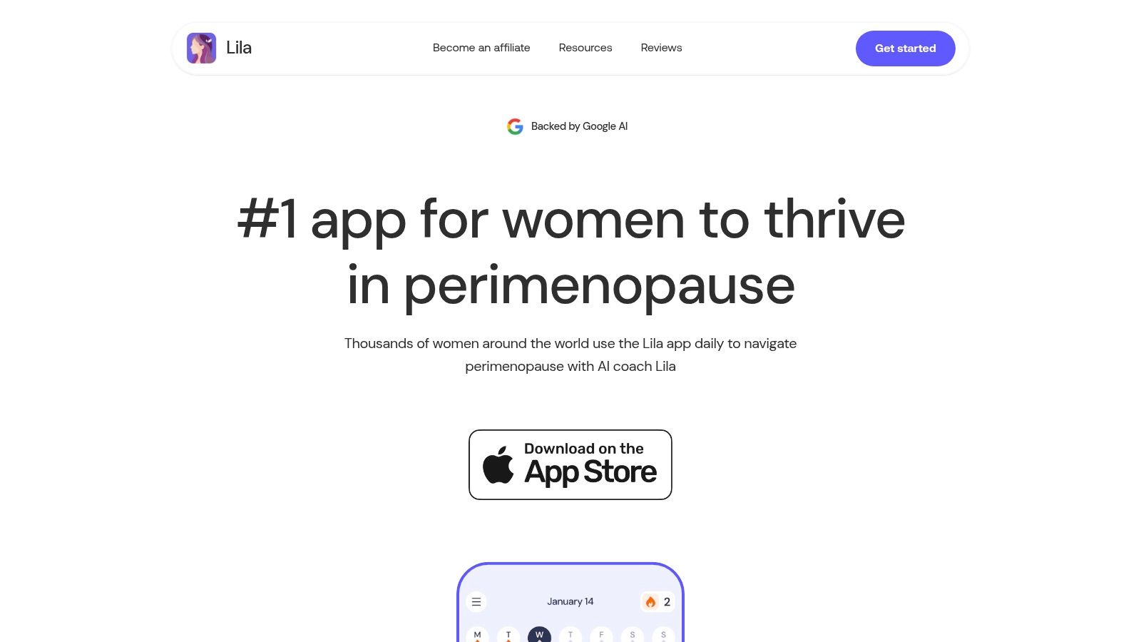 Lila app interface showing daily check-in and insights for a perimenopause user.