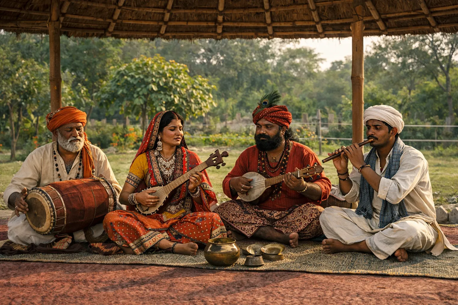 Folk Singers singing passionately along with instruments