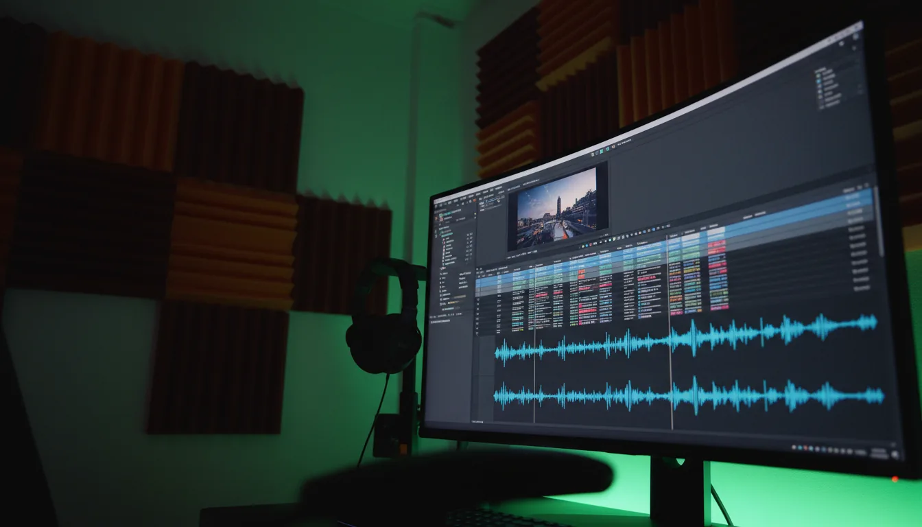 DSLR photograph of a video editing workstation, close-up angled shot. The central focus is a computer monitor displaying the Final Cut Pro software interface, showing a complex video timeline with vibrant blue audio waveforms and a video preview panel. A pair of black headphones hangs on the side of the monitor. In the background, red and orange acoustic foam panels are mounted on a white wall. The scene is illuminated with moody, cinematic contrast lighting, featuring a strong green LED glow from behind the desk and cool blue light emanating from the screen. The image has a shallow depth of field with a dark, out-of-focus element in the immediate foreground.