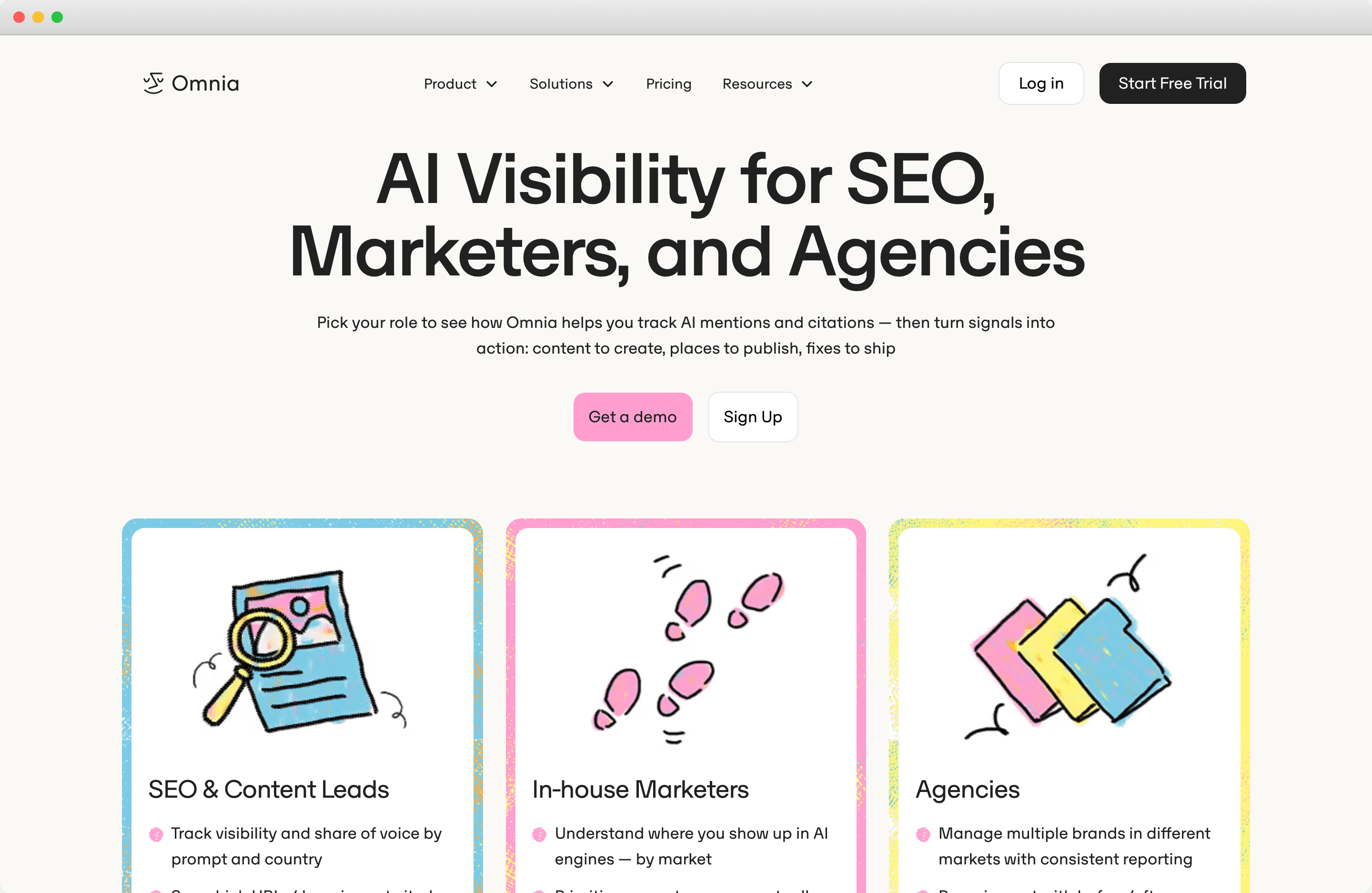 Omnia solutions page, listing visibility and share of voice by prompt and country, visibility by market, and multiple brands in different markets