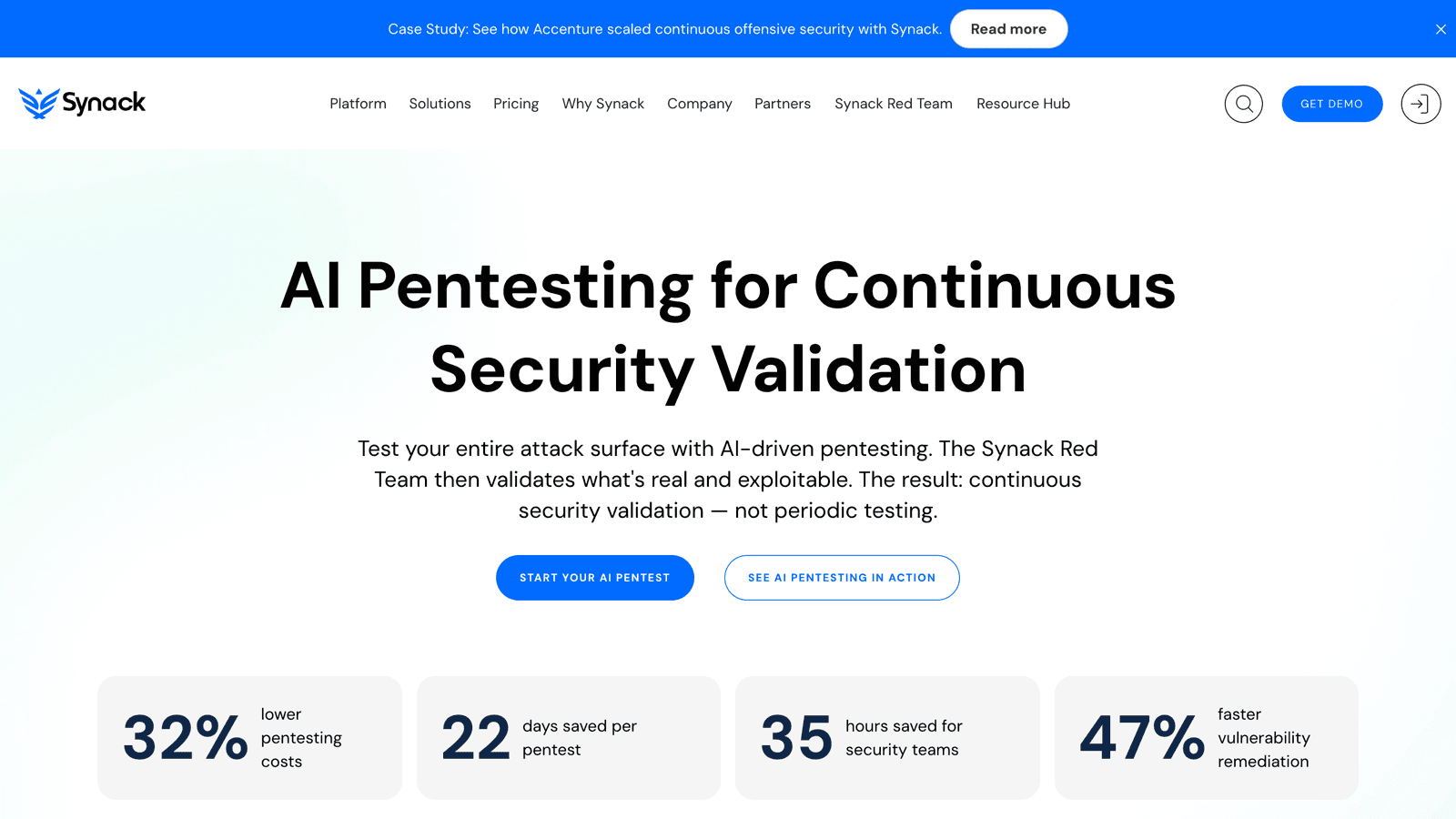 Synack homepage with the headline AI Pentesting for Continuous Security Validation