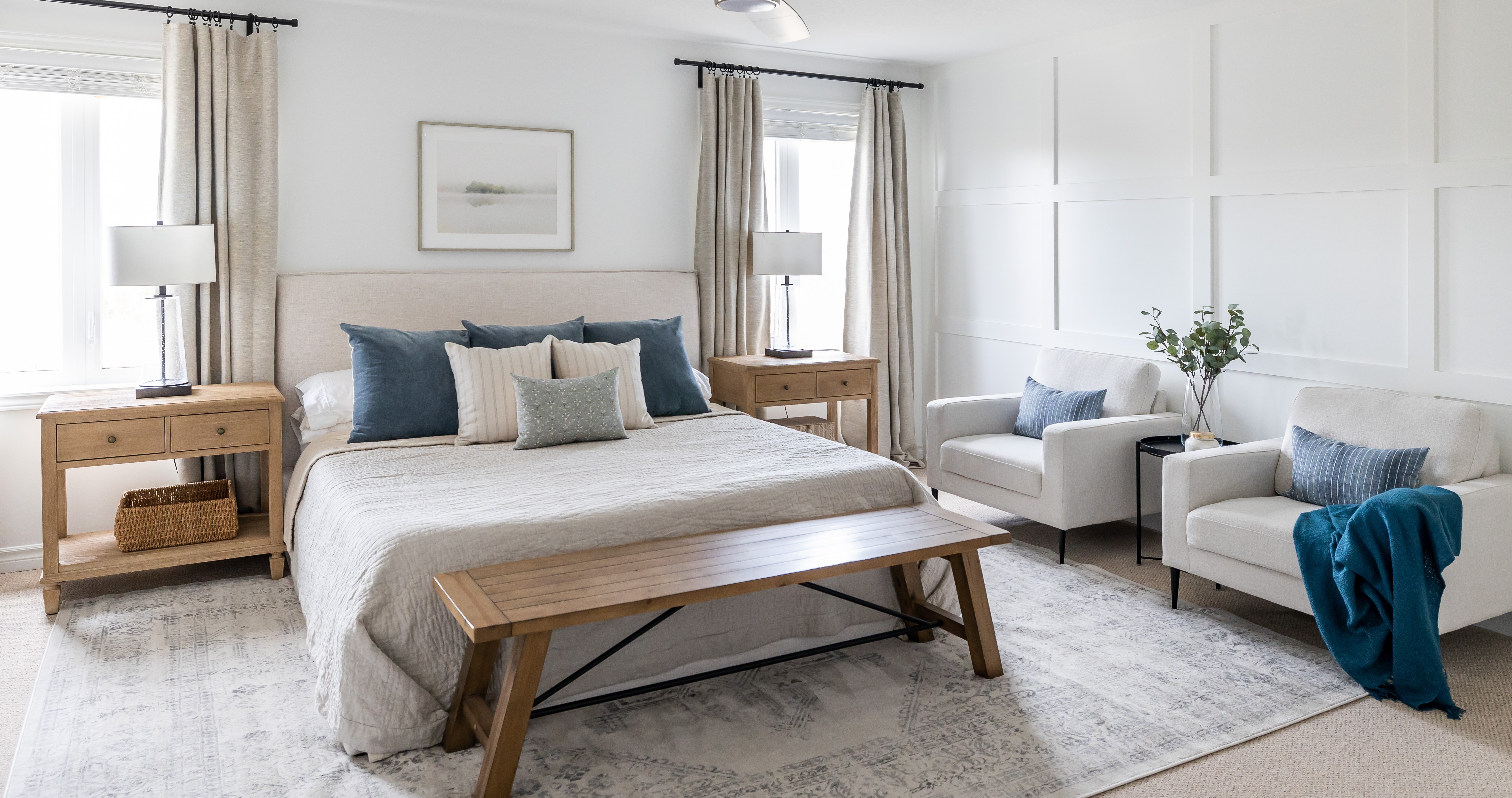 Cozy Coastal Bedroom in neutral and blue tones