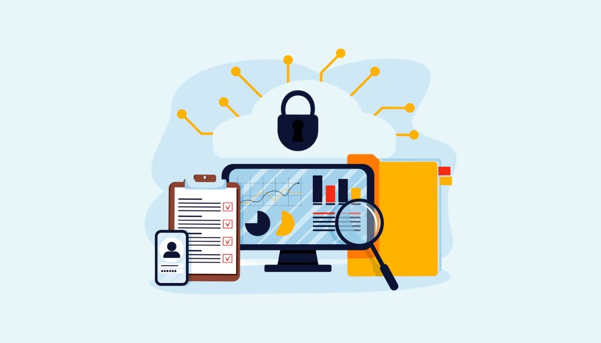 Illustration of a secure cloud with a padlock connected to data nodes, alongside charts, authentication tools, and a magnifying glass, representing automated compliance and security monitoring.