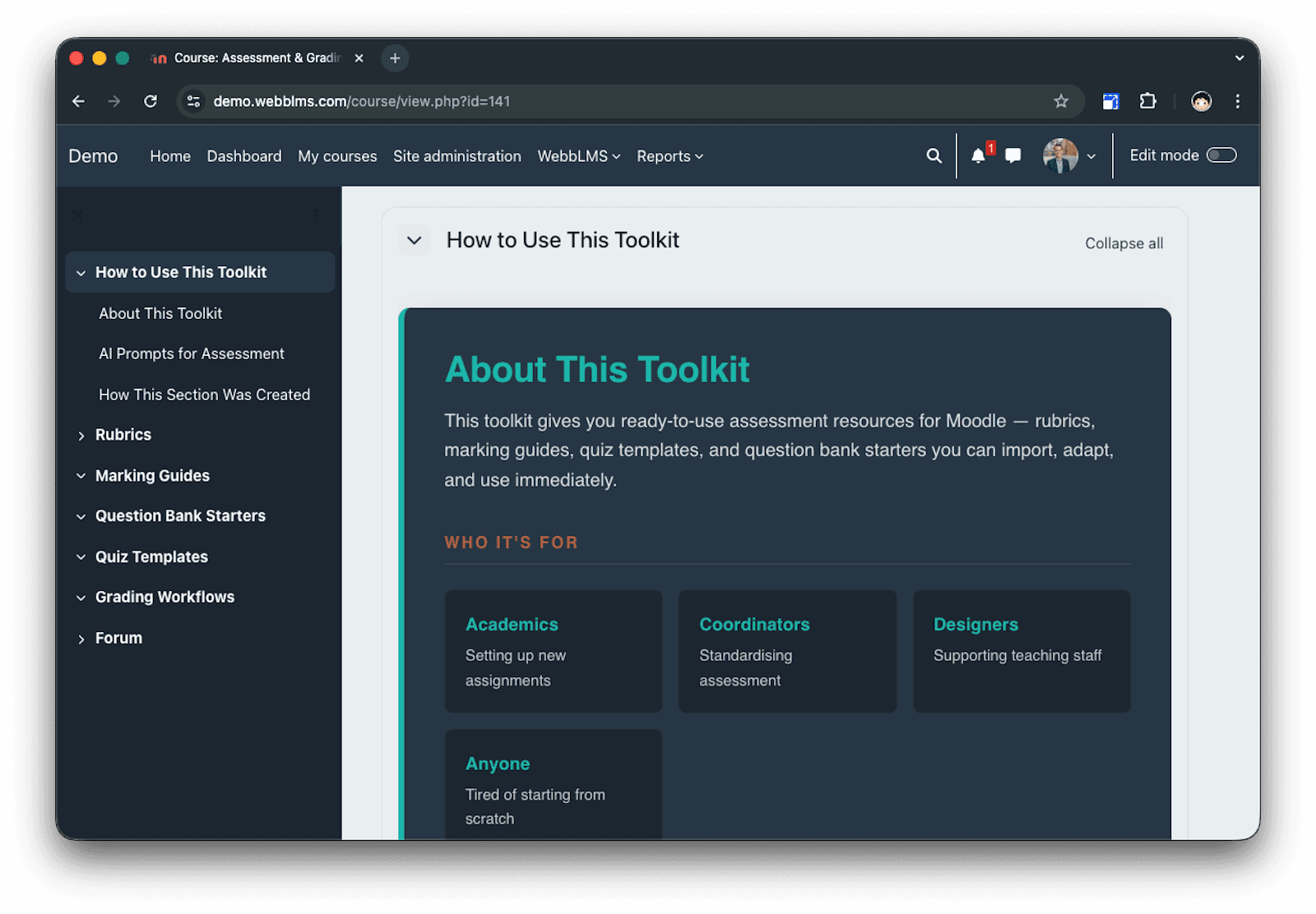 A professional WebbLMS course page titled "About This Toolkit," showing a structured sidebar menu and a clean, high-contrast content area.