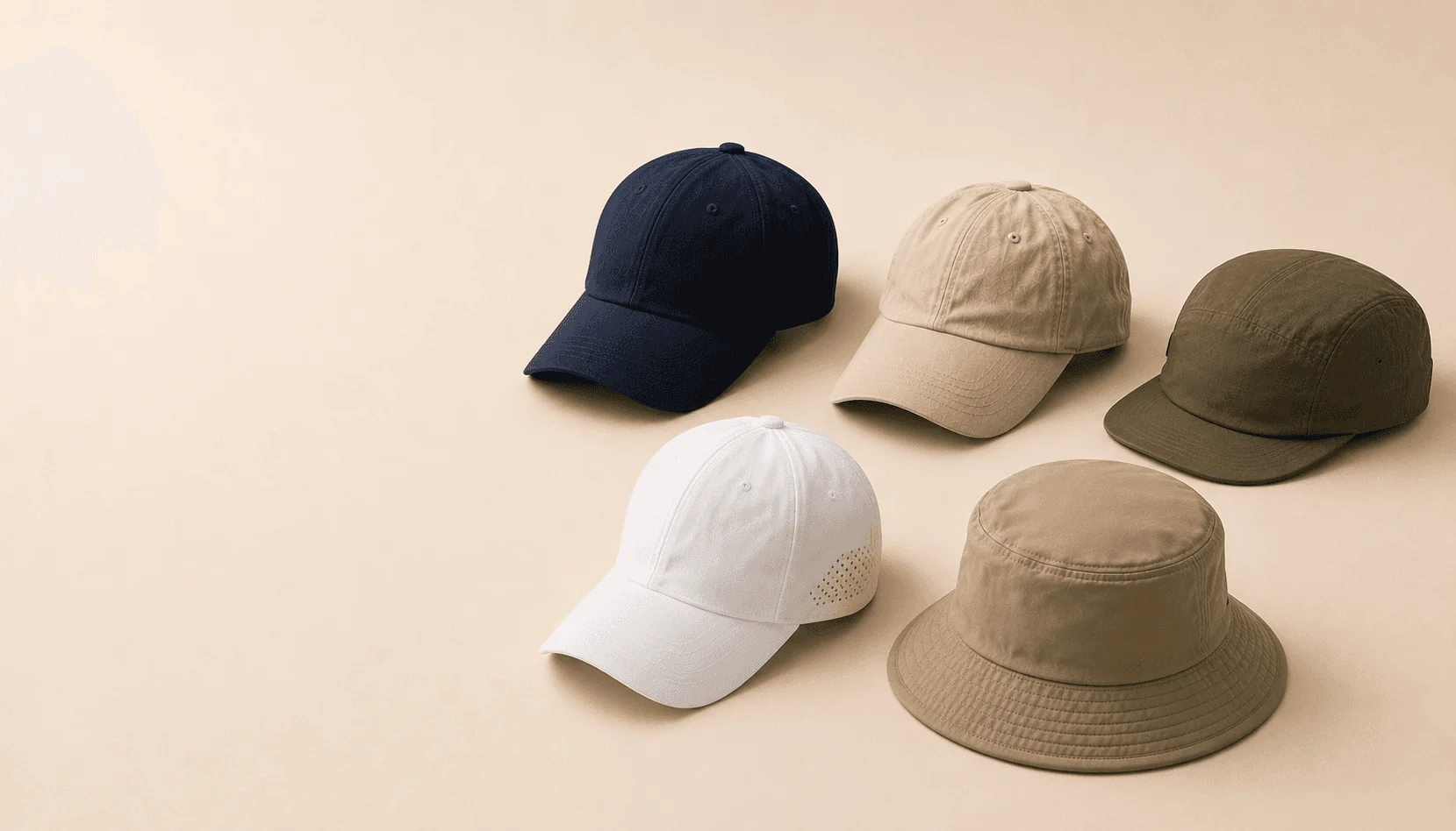 Blank headwear styles arranged with fabrics and components to introduce Avelon’s private-label headwear collection.