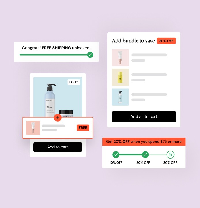 A visual representation of A/B testing with two comparison paths. Path A includes a list-style layout with a red "Quiz 1" label, showing a 95% participation rate and 56% conversion rate. Path B displays a grid-style layout with a purple "Quiz 2" label, showing a 32% participation rate and 12% conversion rate. A dashed black line connects both paths under the title "A/B Testing.