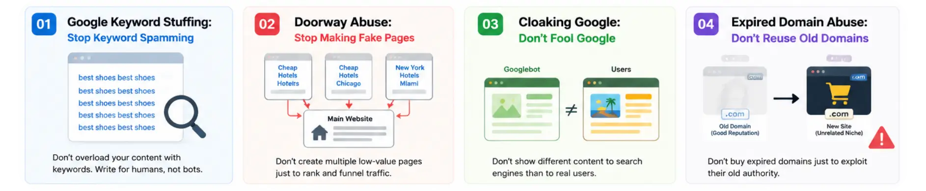Infographic explaining keyword stuffing, doorway abuse, cloaking, and expired domain abuse.