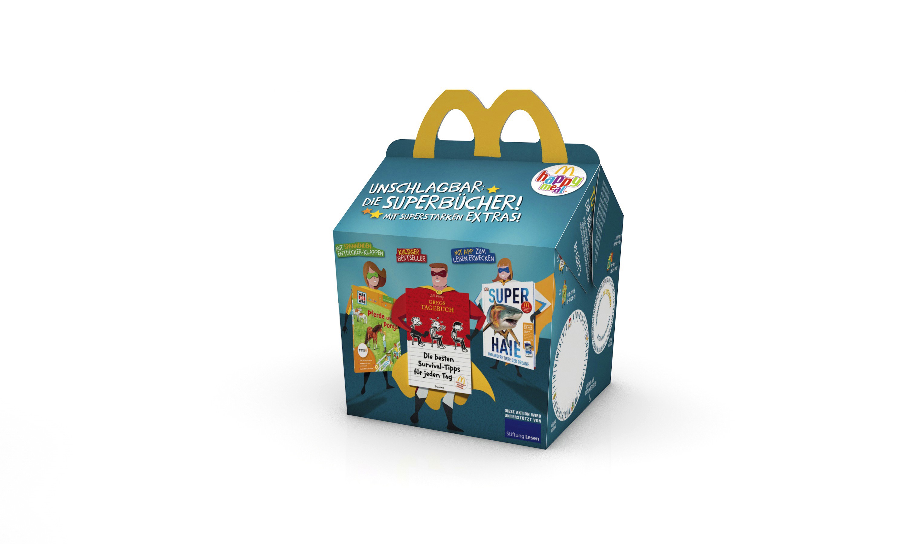 Happy Meal packaging for the Superbücher campaign featuring collectible children’s books and interactive reading experiences.