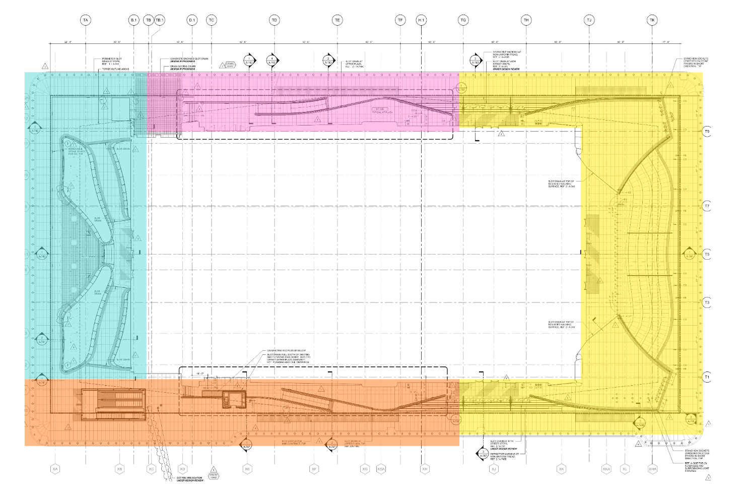 Color-coded architectural plaza floor plan divided into cyan, magenta, orange, and yellow zones, marked with a grid of column reference bubbles, slot-drain callouts, and detailed annotations.