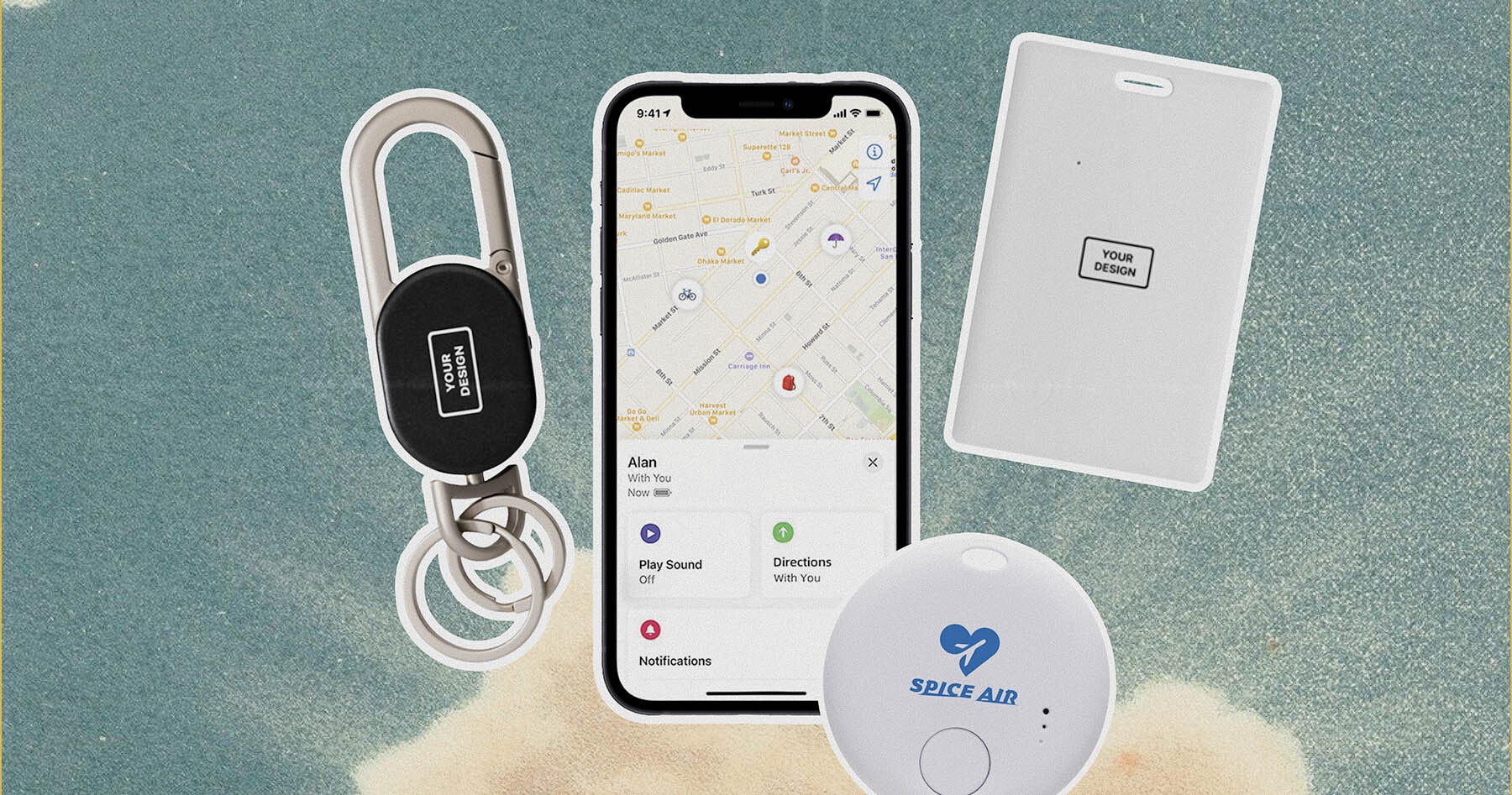 Custom branded tag finders and keychains for tracking belongings, with iPhone integration shown.