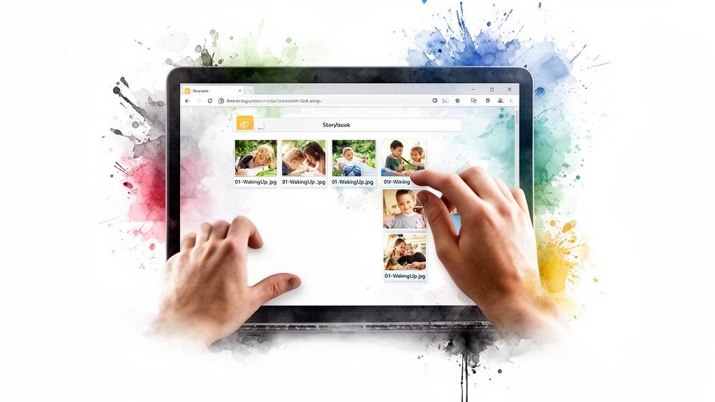 Hands interact with a tablet screen displaying photo thumbnails for a digital storybook, surrounded by colorful paint splashes.