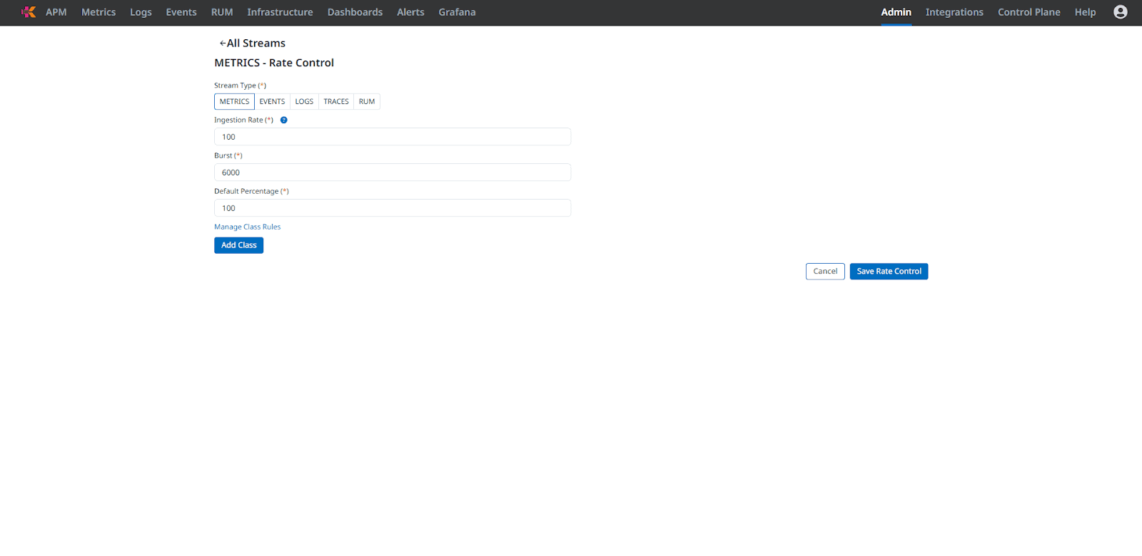 Set per-stream Rate and Burst limits for Metrics ingestion in Kloudfuse