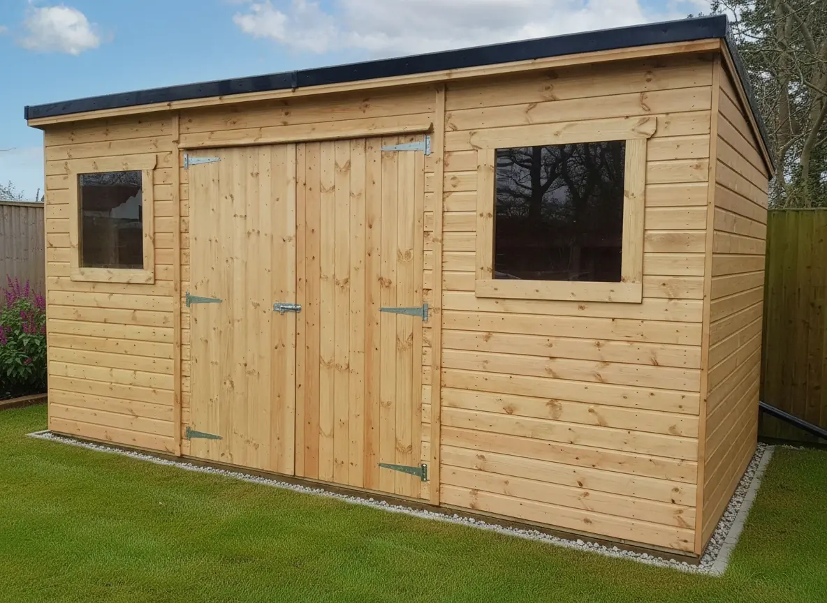 Pent shed with double doors and two windows, natural timber