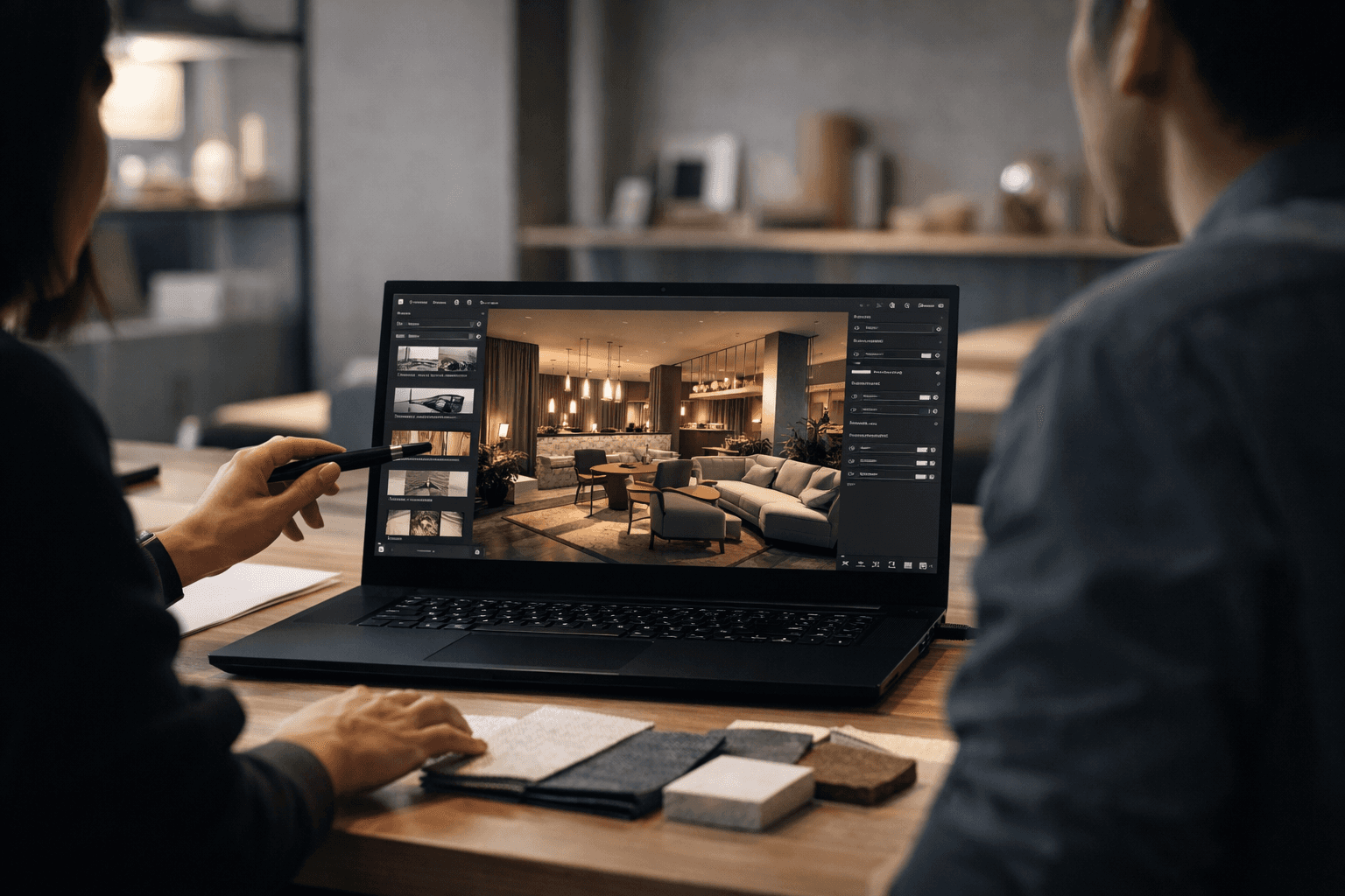 Pixelspaces blog post Hands-on collaboration between an interior designer and CGI visualiser reviewing a real-time hospitality interior visualisation on a high-performance laptop, surrounded by material samples.