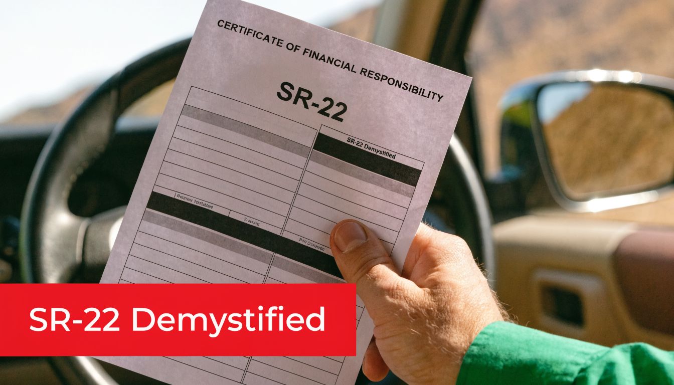 A hand holding an SR-22 certificate of financial responsibility inside a car with a steering wheel visible.