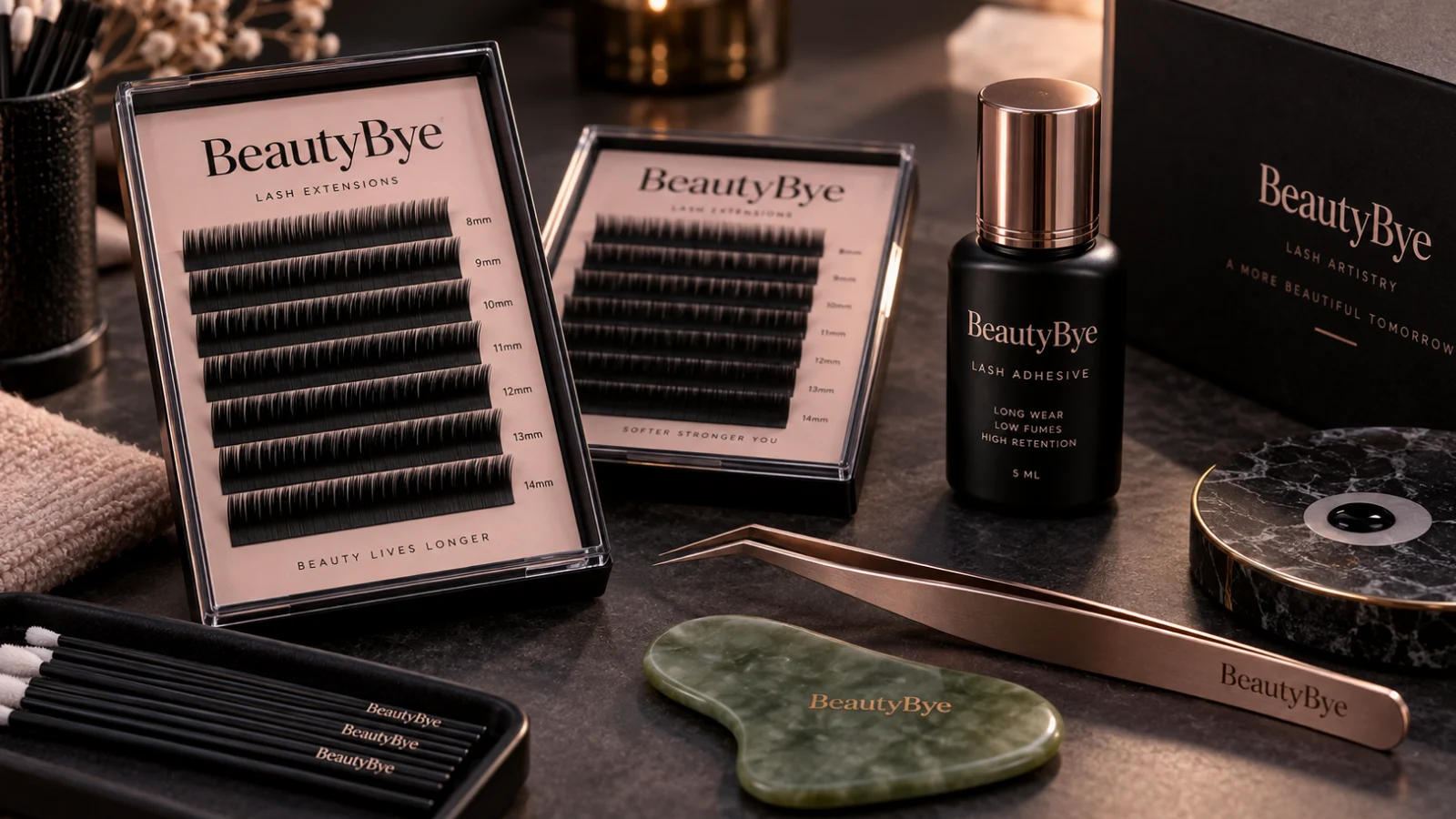 BeautyBye lash extension trays, adhesive and tweezers arranged for inspection