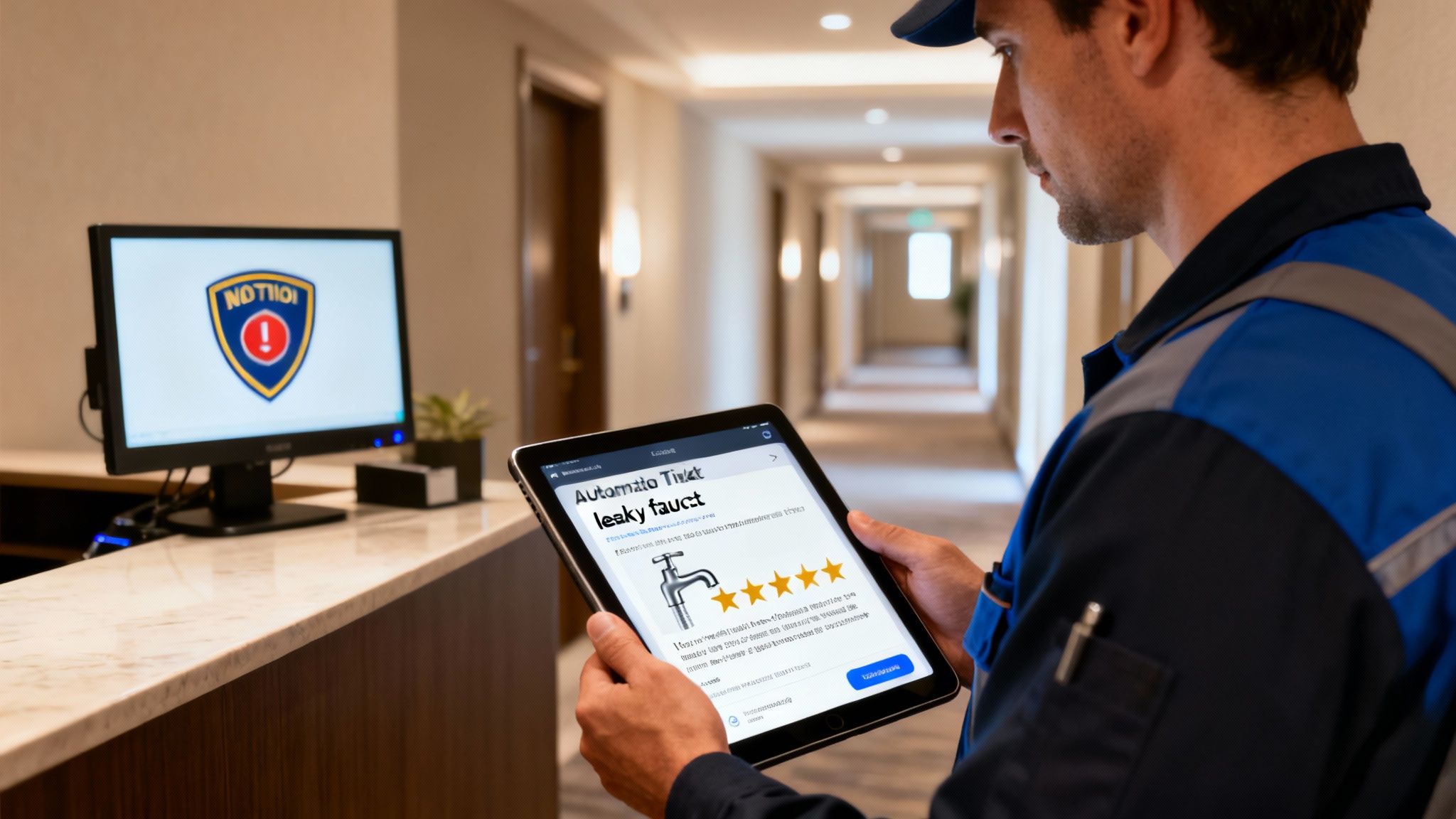 A technician in a uniform reviews an 'Automated Ticket leaky faucet' report on a tablet.