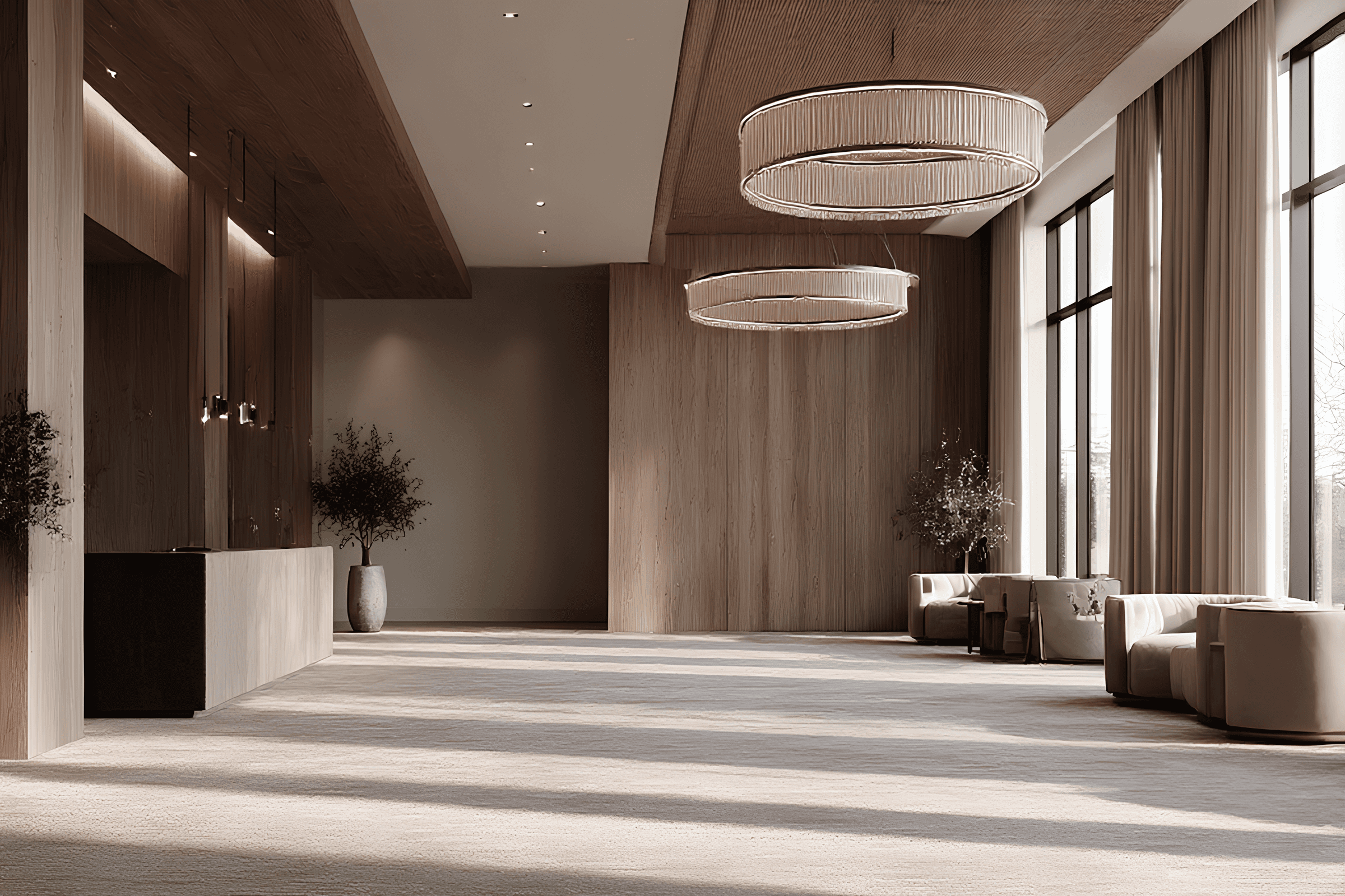 Minimal luxury lobby with warm wood interiors and soft natural lighting