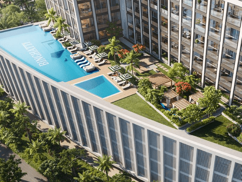 Aerial view of rooftop gardens and pools; Binghatti Titania offers a green urban sanctuary for residents.