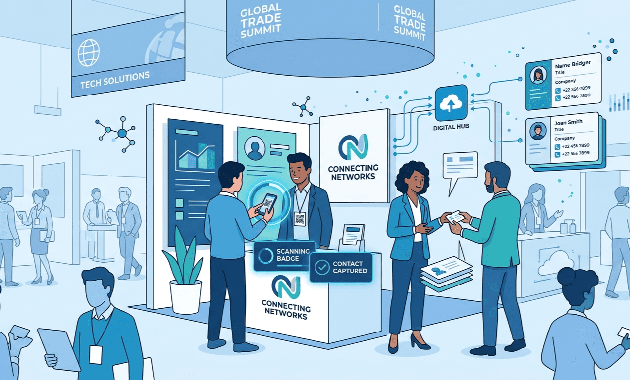 Trade show networking with business card and QR badge scanning using a mobile app