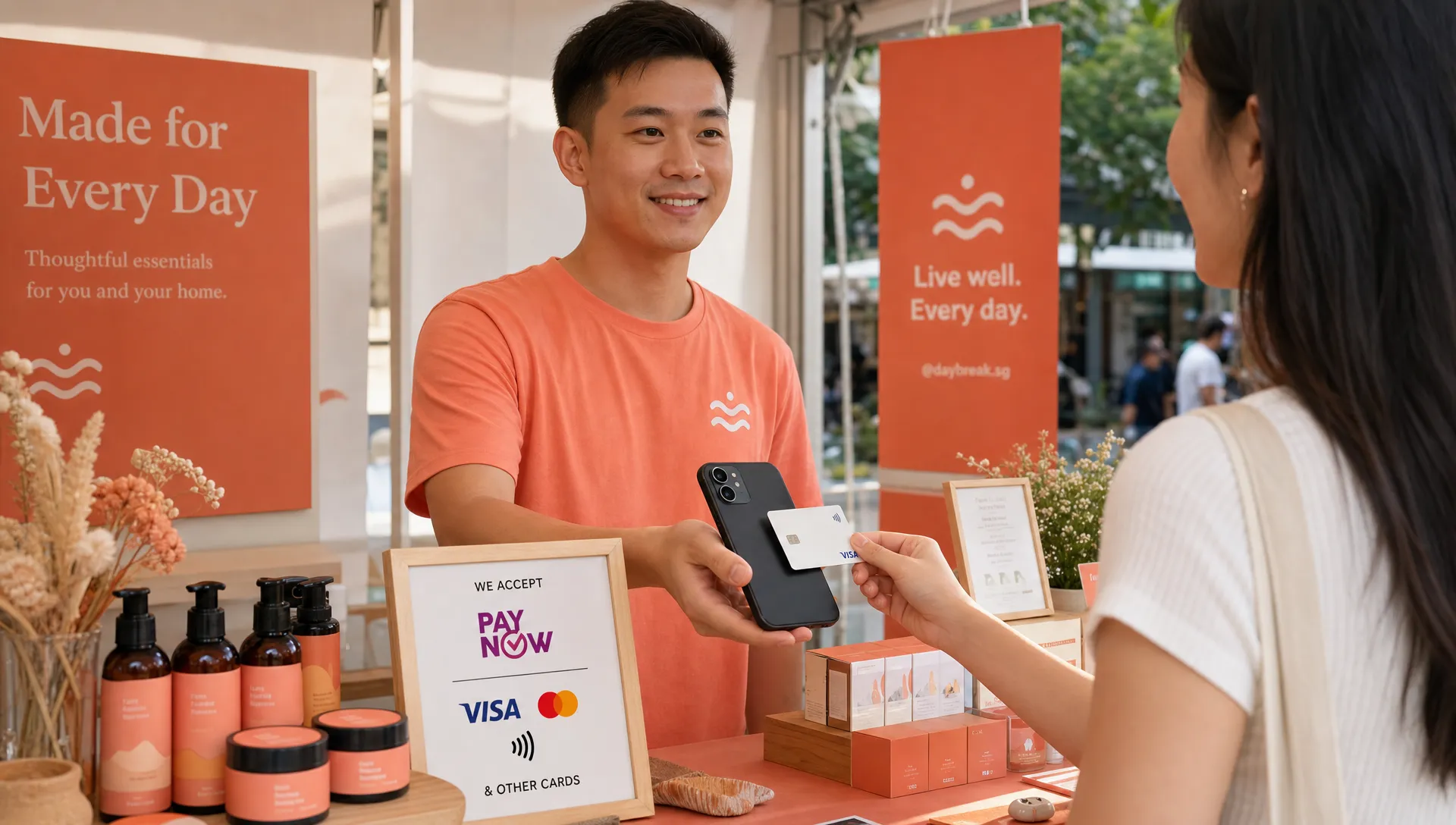 A Singapore pop-up booth with neatly displayed retail products, a small payment sign showing PayNow and card acceptance, and a merchant holding a smartphone ready for a customer to tap a contactless card on the back of the phone.