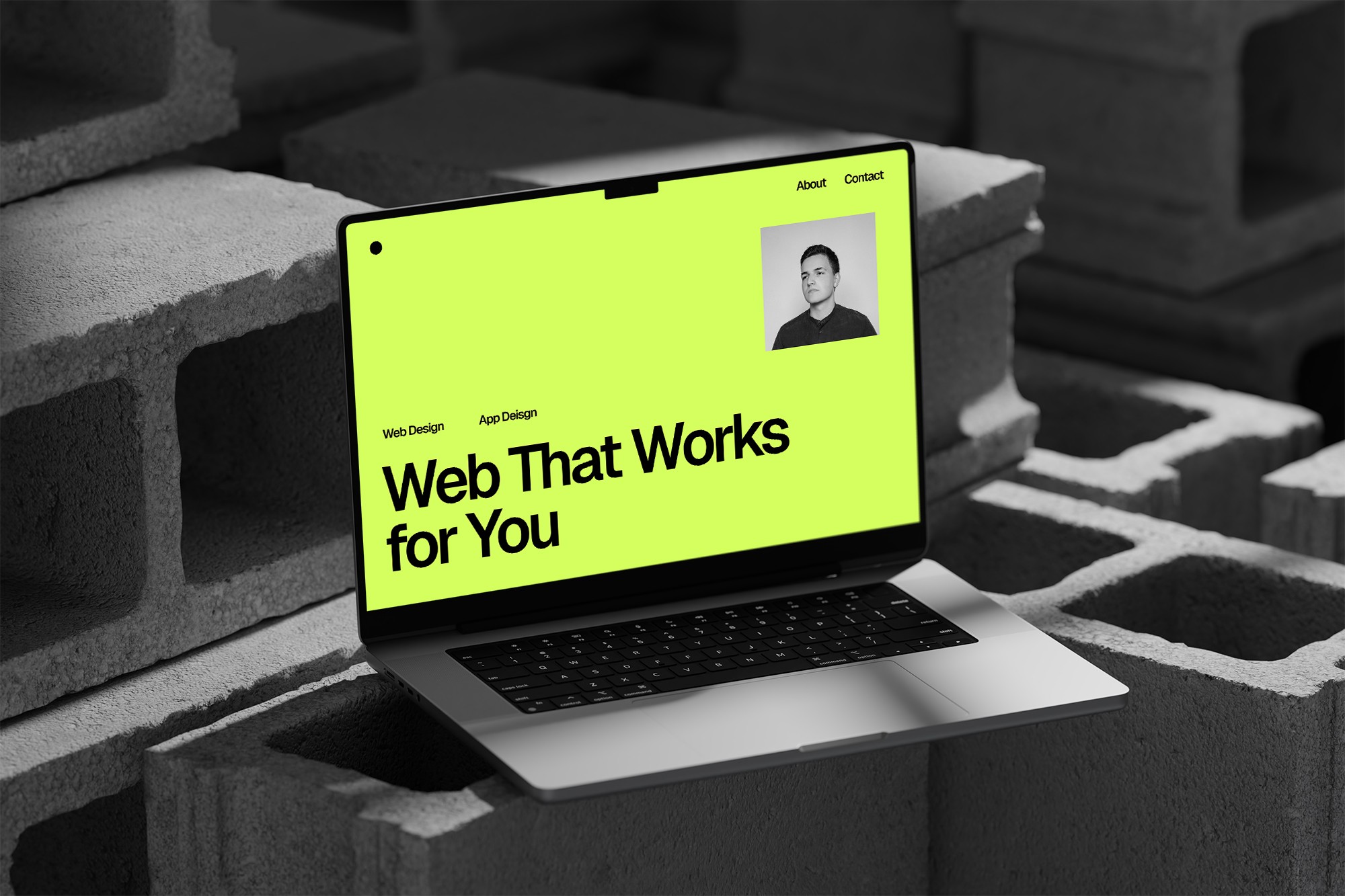 Laptop on concrete bricks, website on screen