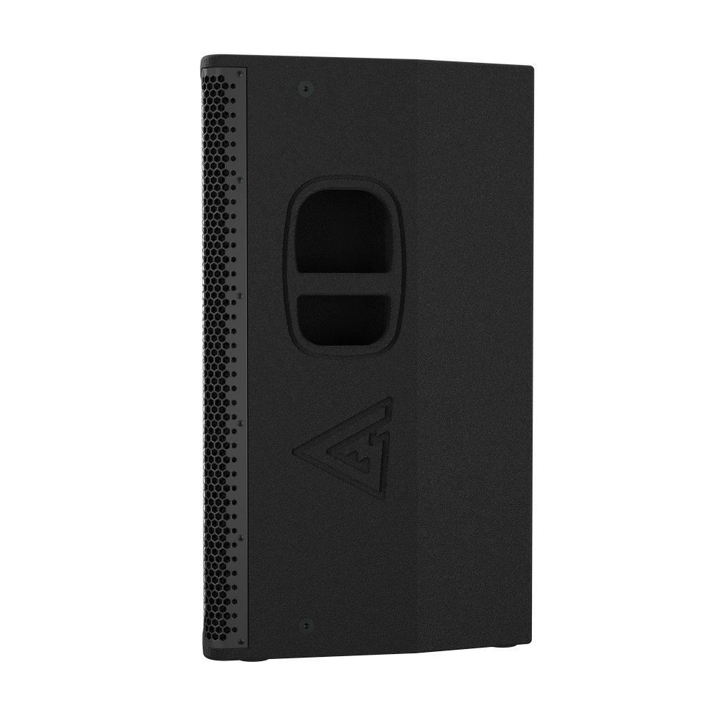 Black loudspeaker with perforated grill and handle
