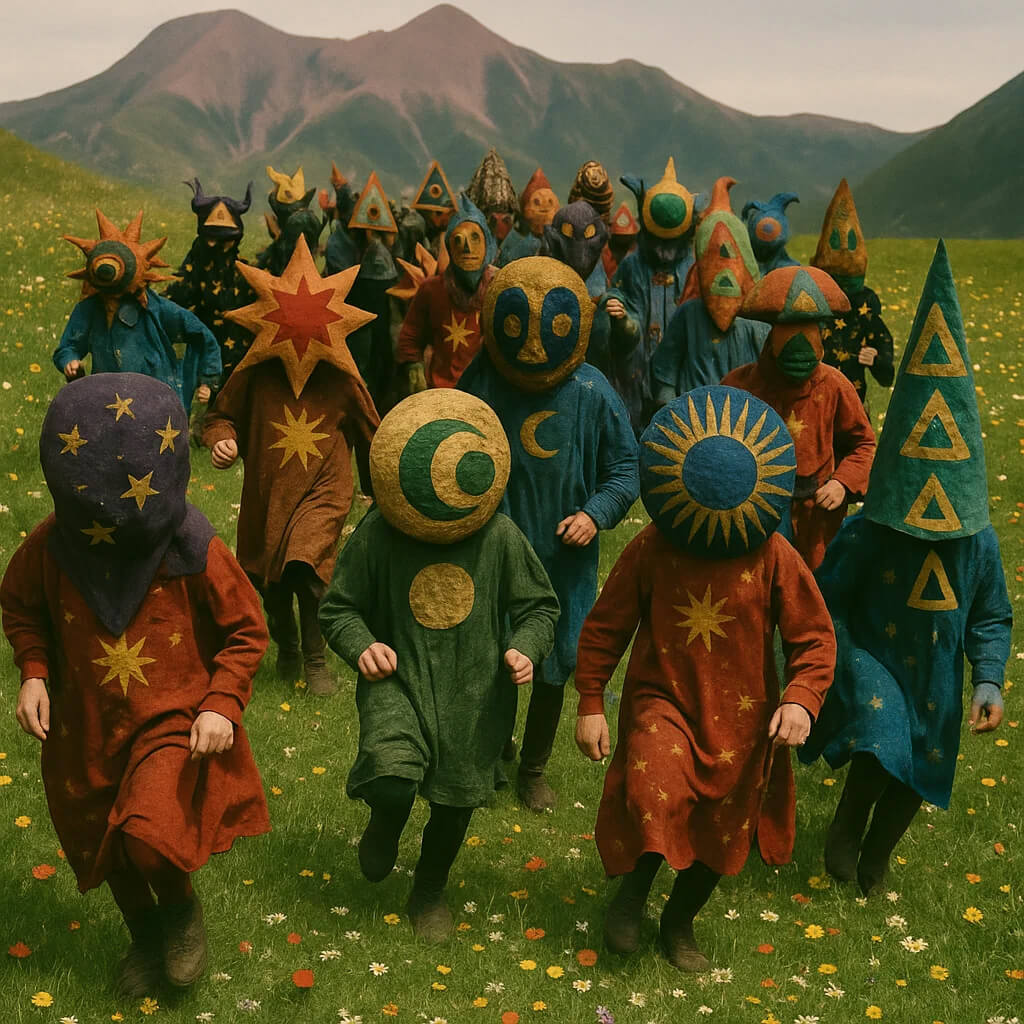 Colorful photo collage of masked people in a meadow — symbolizing GUFR’s immersive retreats focused on expanded thinking, play and deep transformation.