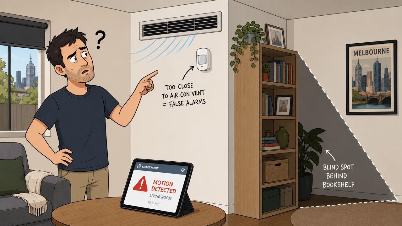 A man looking confused at a smart home motion sensor inaccurately placed near an air conditioner vent.