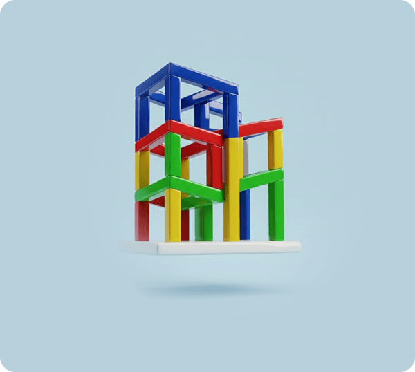 Colorful geometric 3D structure, representing trust architecture and technical foundations for search engine algorithms.