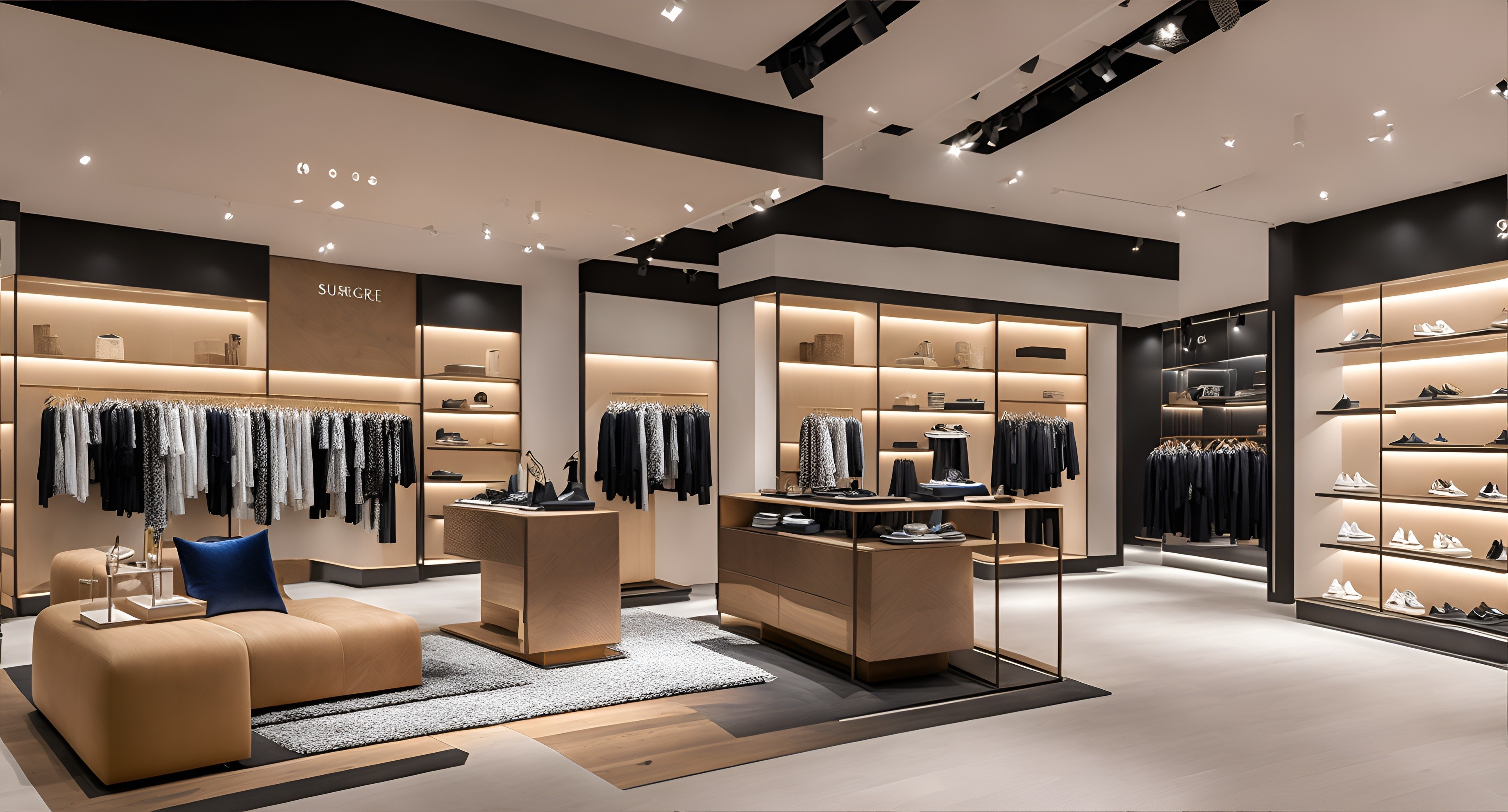 Image d'un magasin de vêtements moderne et bien éclairé, avec un design élégant et minimaliste. Les étagères et les présentoirs sont en bois de haute qualité, organisant les vêtements et les accessoires de manière ordonnée. Développé par l'équipe de professionnels de TCC Especialização.