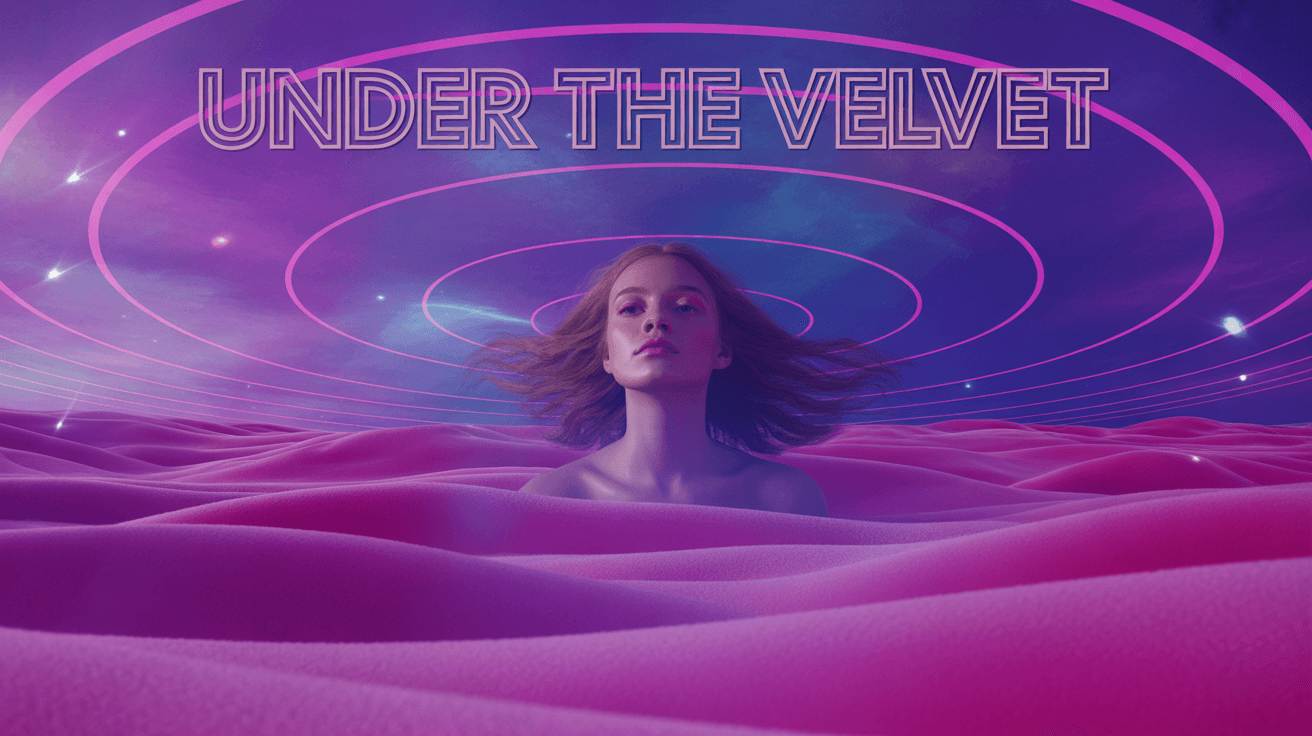 Dreamy female figure rising from velvet waves under cosmic rings with Under the Velvet title