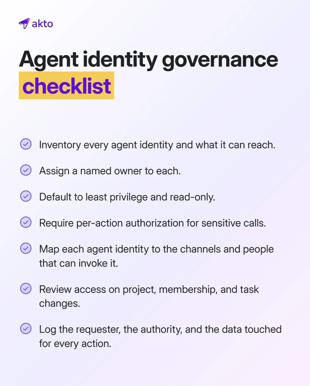 Agent identity governance checklist