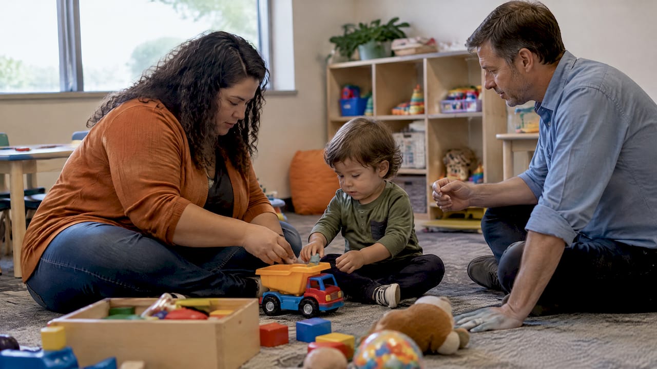 Therapist coaching a parent during toddler play