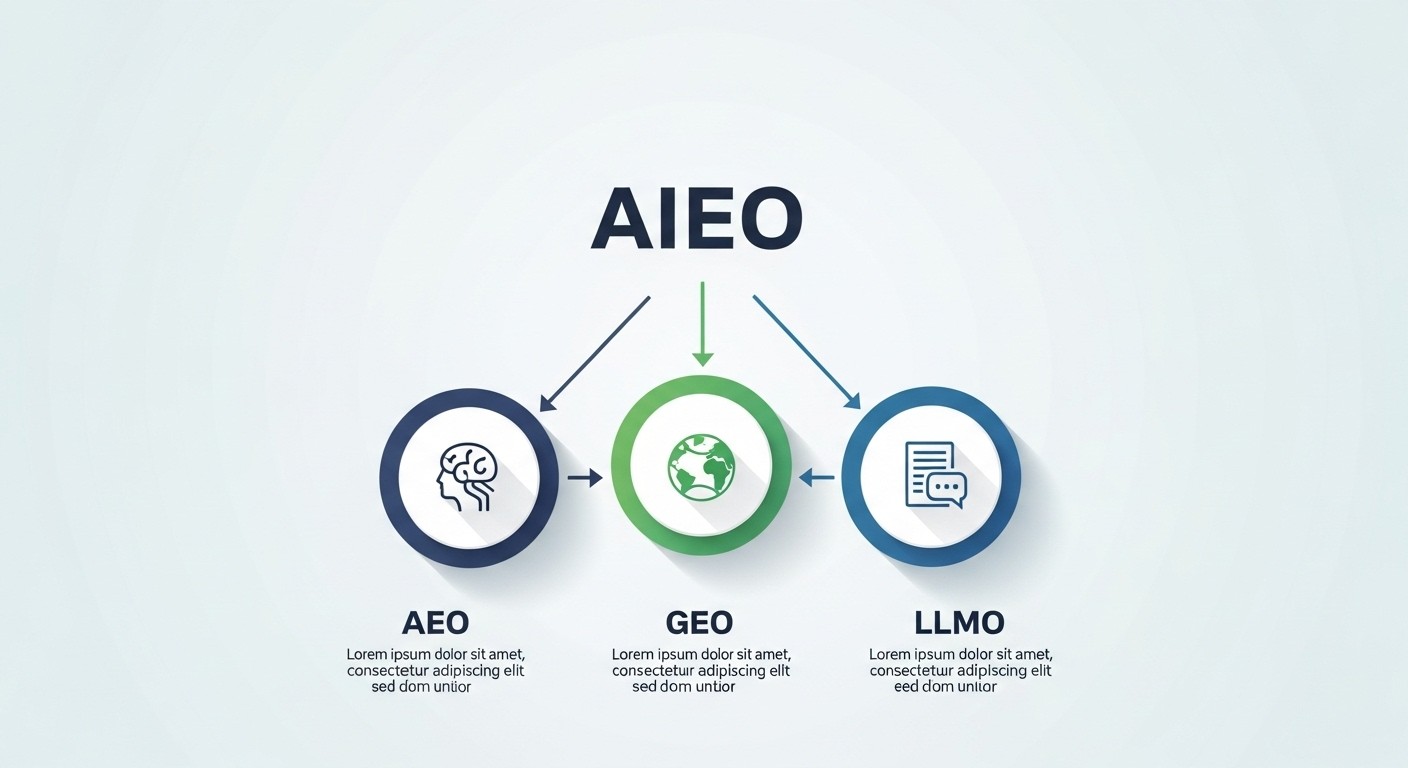 AEO, GEO, LLMO를 포괄하는 상위 개념인 AIEO를 설명하는 다이어그램
