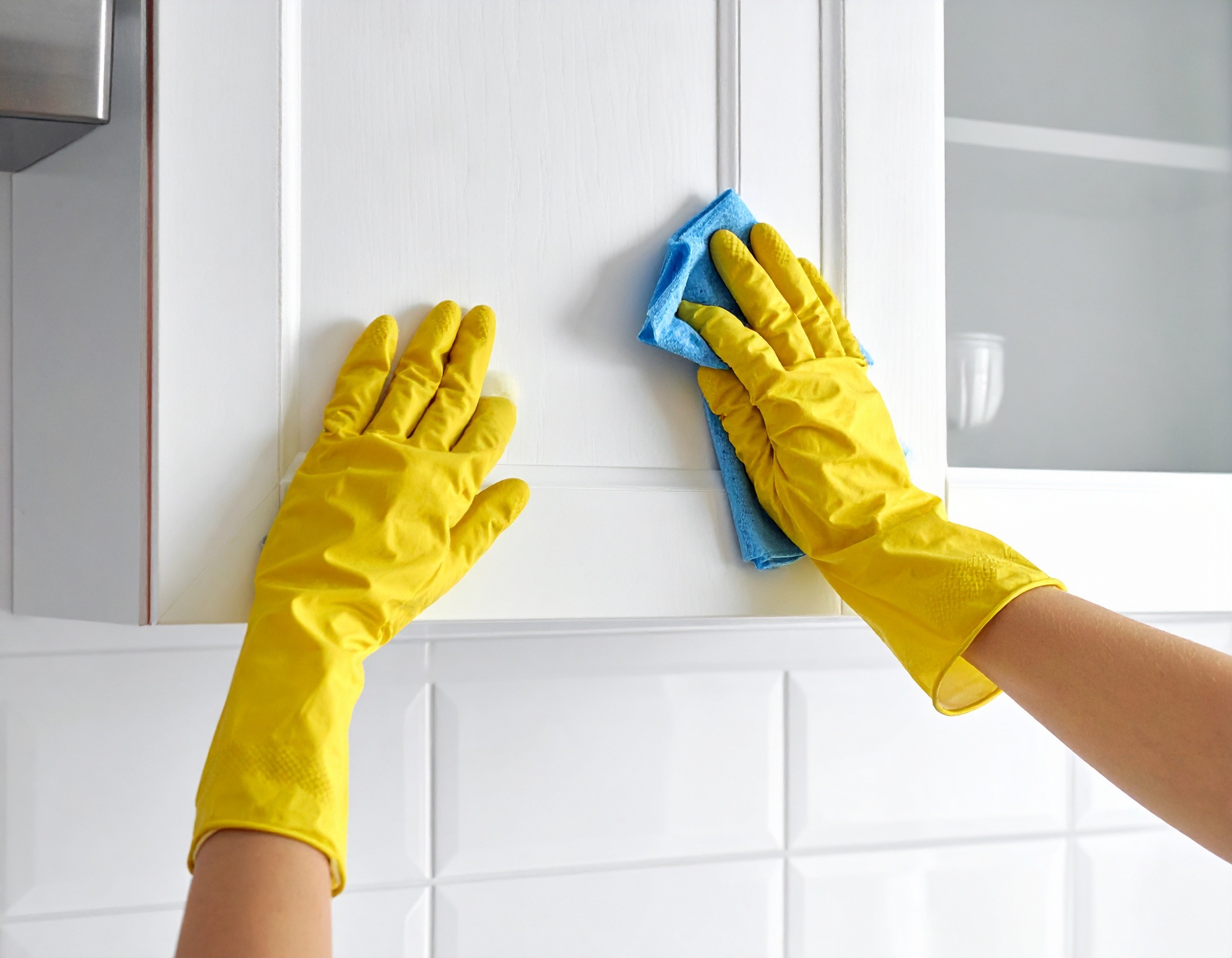 man cleaning kitchen cabinet