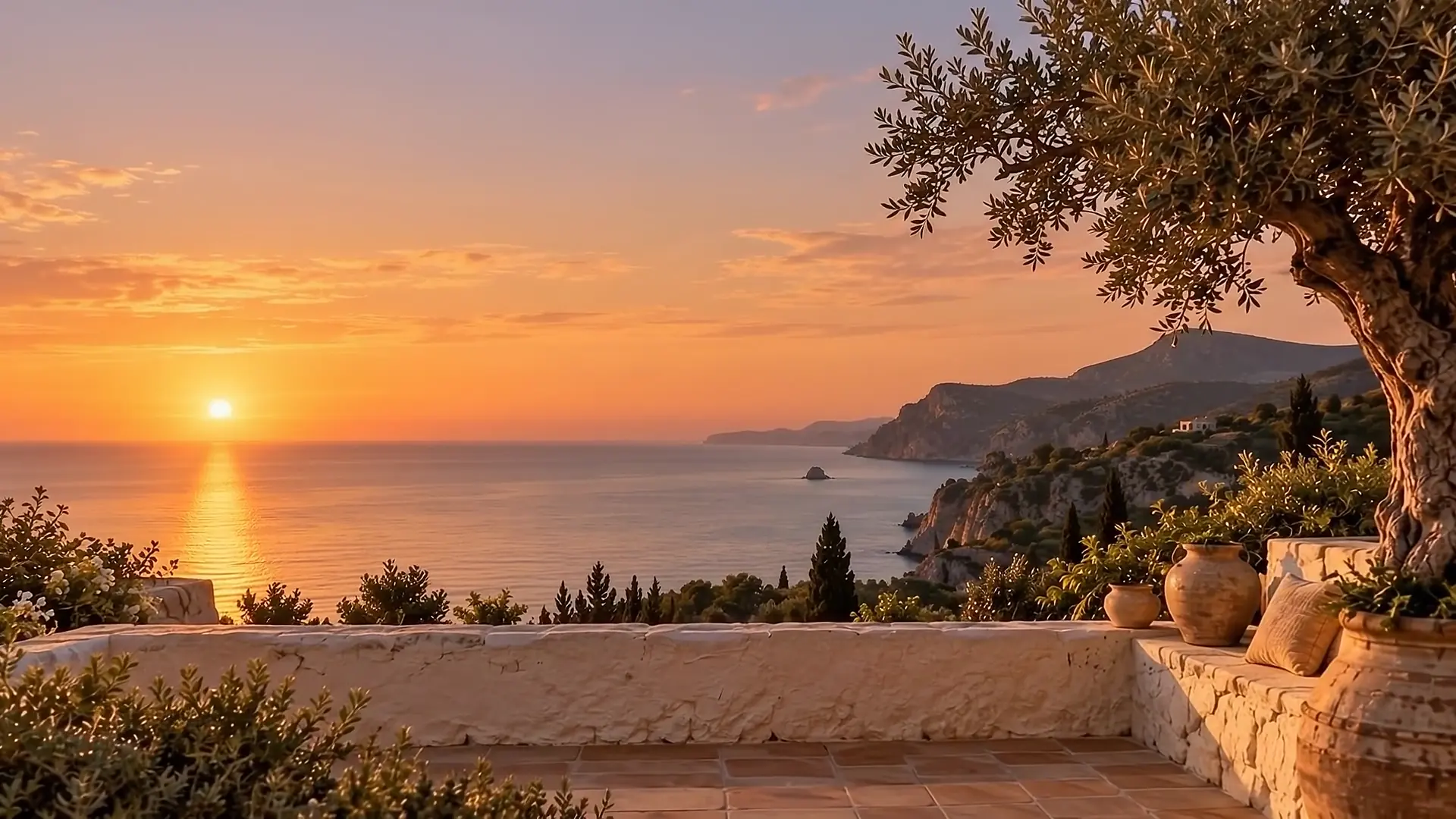 From the main bedroom, through the open French windows, onto the terrace at sunset, with an old olive tree above the sea