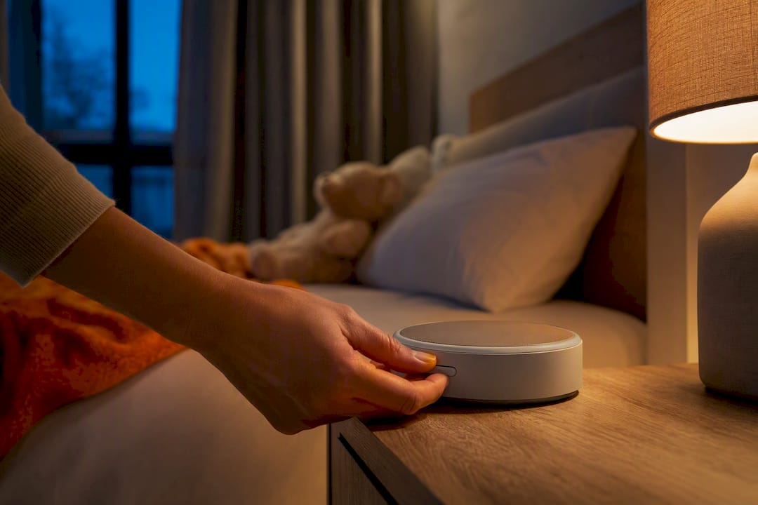 Una cuidadora ajusta el sonido ambiental junto a la cama de un niño