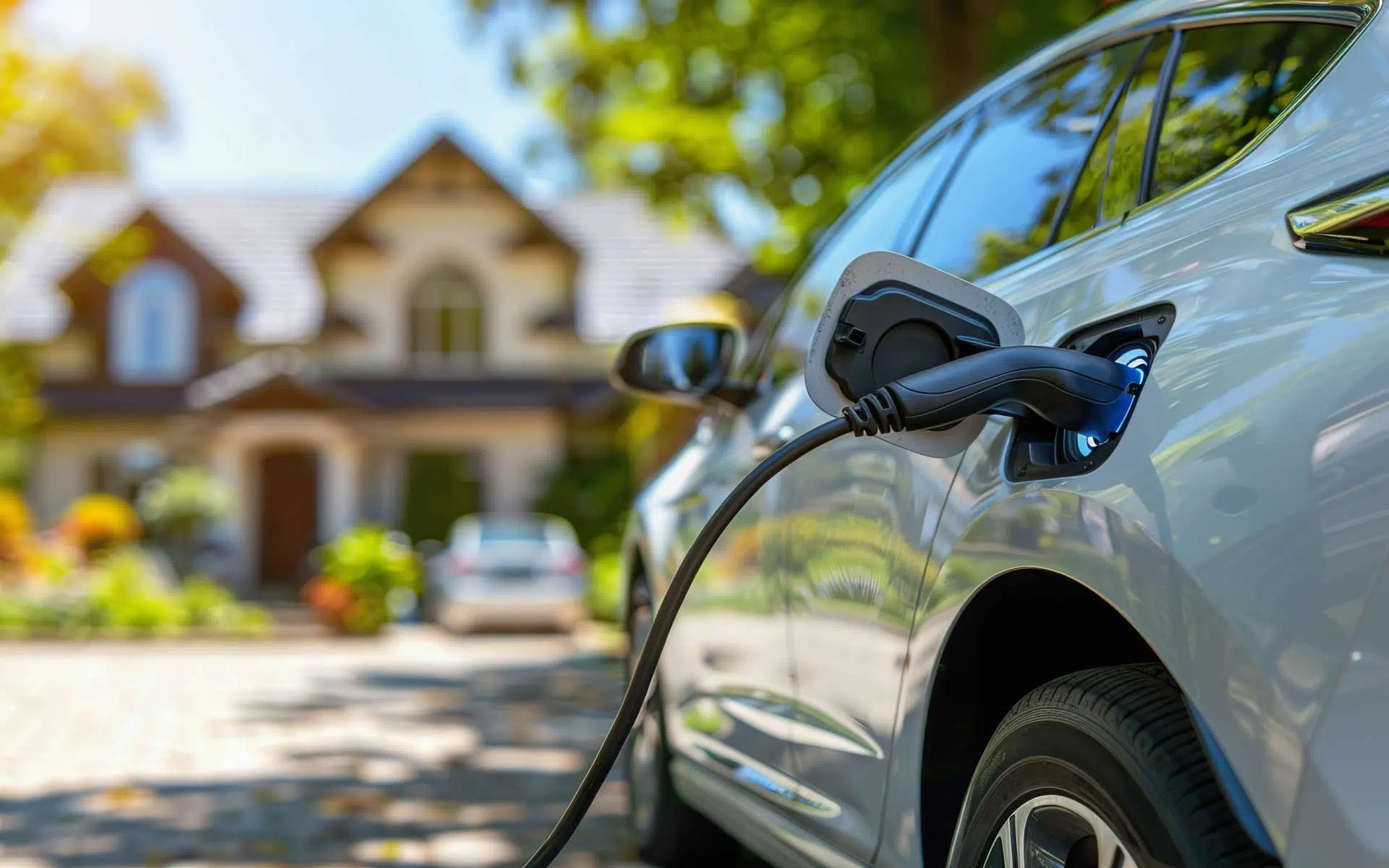 Electric vehicle charging in a residential driveway with a house in the background, representing home EV charging scenarios protected by AF31-EV
