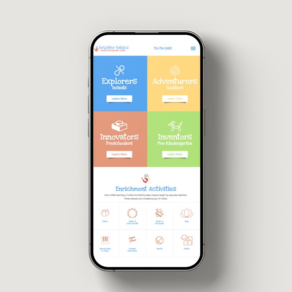 Mobile phone mockup showing Brighter Babies website with program categories for infants, toddlers, preschoolers, and pre-kindergarten.